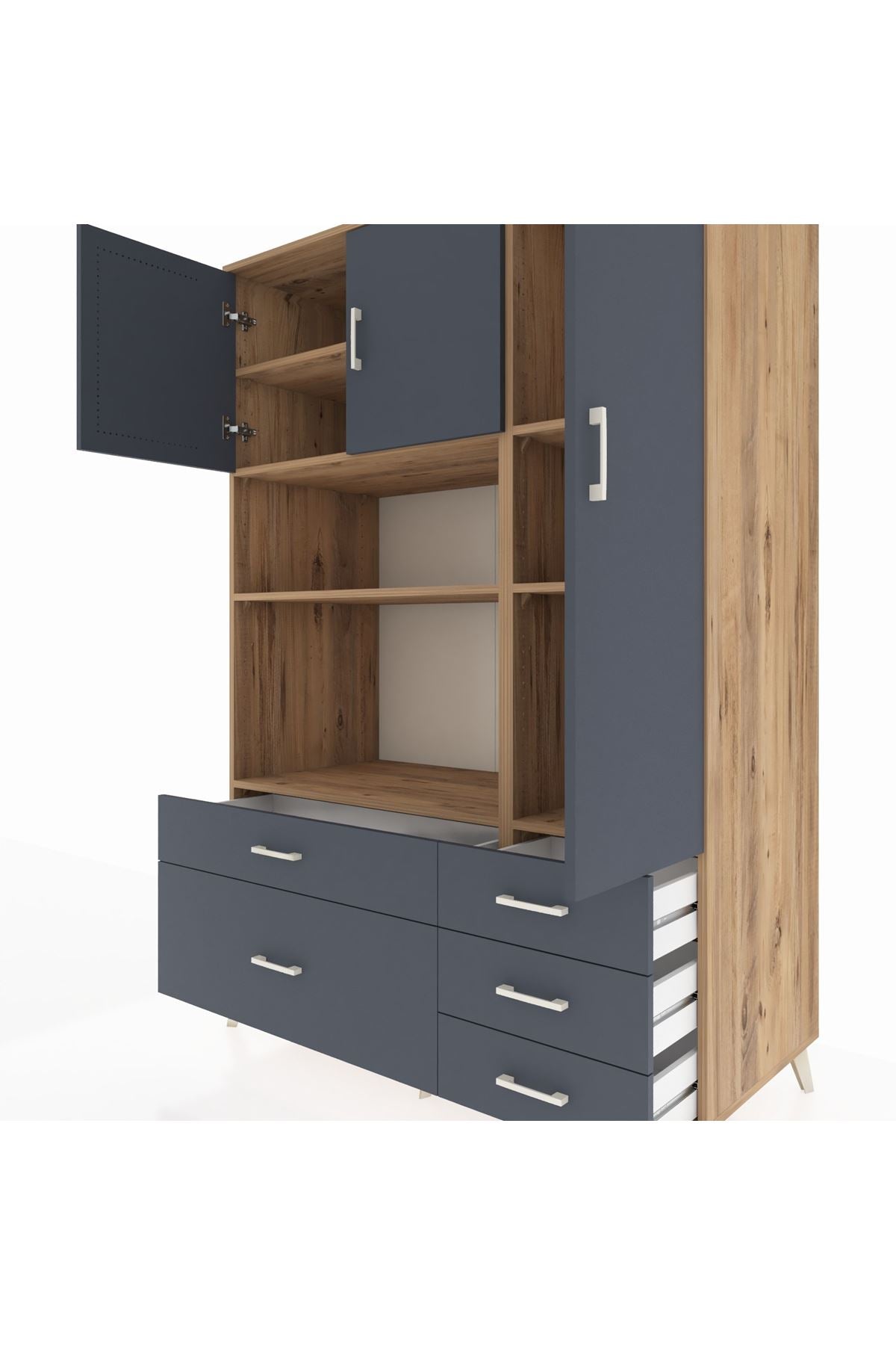 Kronos Dolap 7 Raflı 5 Çekmeceli 3 Kapaklı 132x59x195 Çam-Antrasit/Antrasit