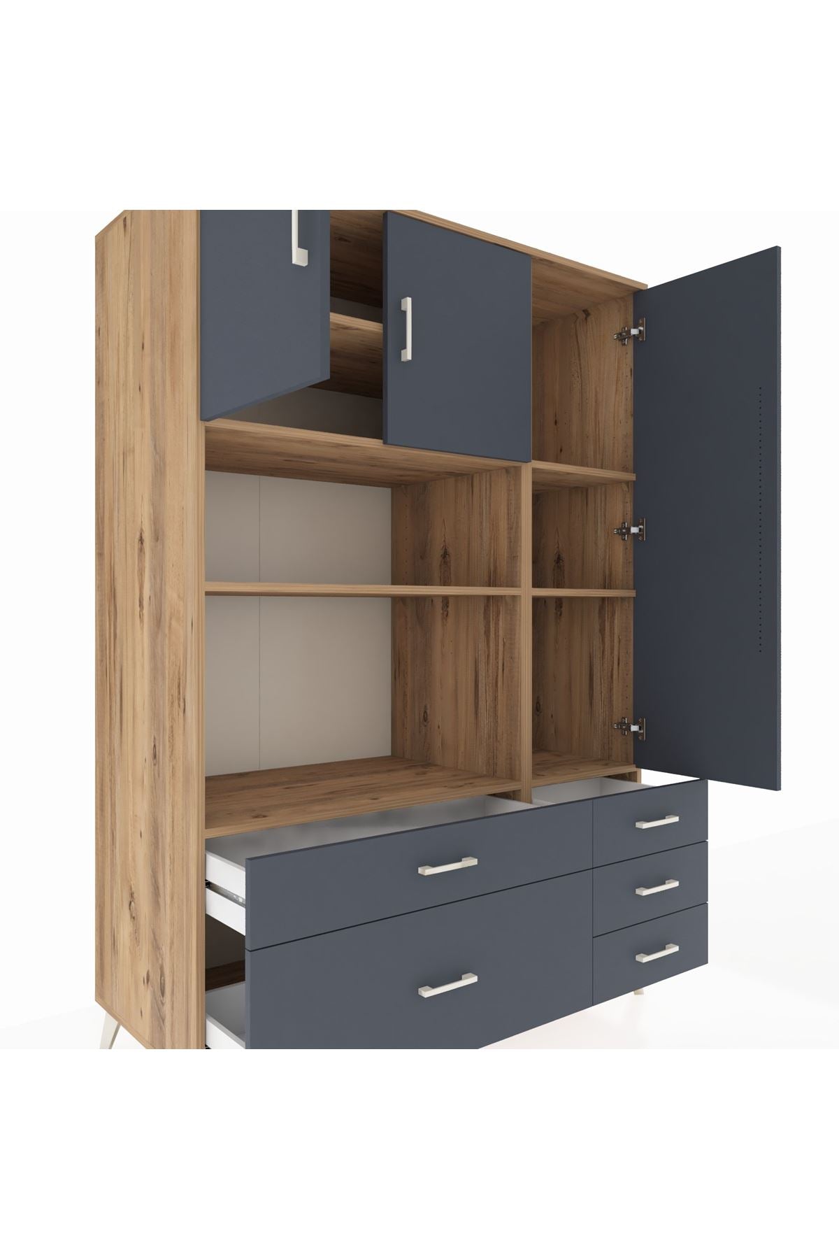 Kronos Dolap 7 Raflı 5 Çekmeceli 3 Kapaklı 132x59x195 Çam-Antrasit/Antrasit