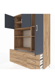 Kronos Dolap 7 Raflı 5 Çekmeceli 3 Kapaklı 132x59x195 Çam-Antrasit/Çam