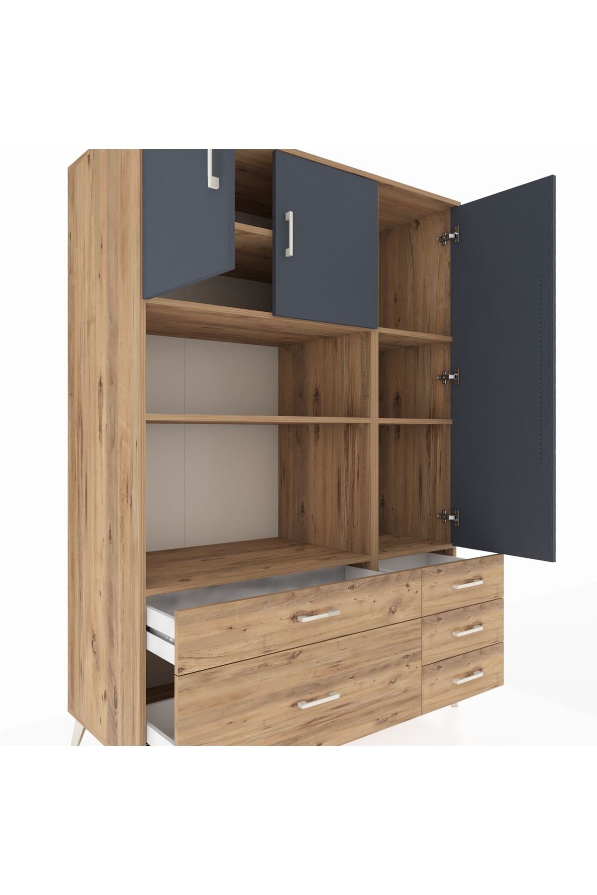 Kronos Dolap 7 Raflı 5 Çekmeceli 3 Kapaklı 132x59x195 Çam-Antrasit/Çam