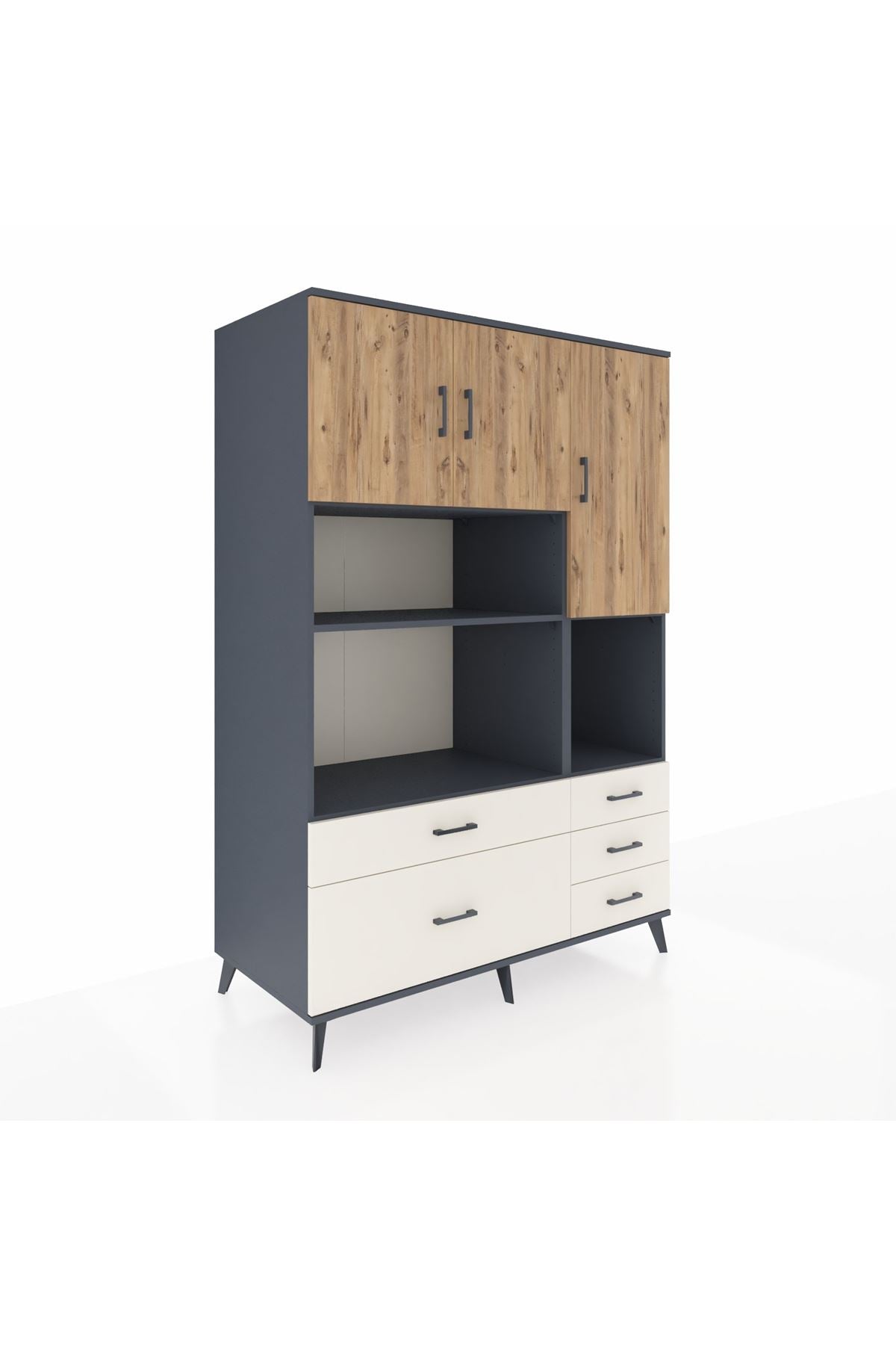 Kronos Dolap 8 Raflı 5 Çekmeceli 3 Kapaklı 132x59x195 Antrasit-Çam/Aytaşı
