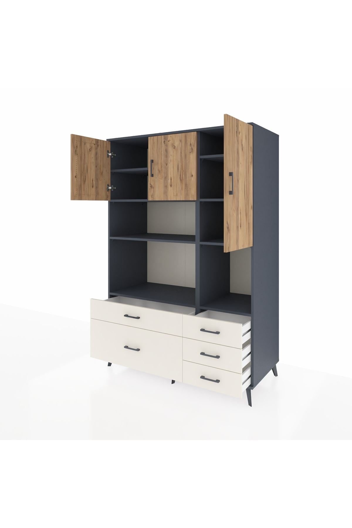 Kronos Dolap 8 Raflı 5 Çekmeceli 3 Kapaklı 132x59x195 Antrasit-Çam/Aytaşı
