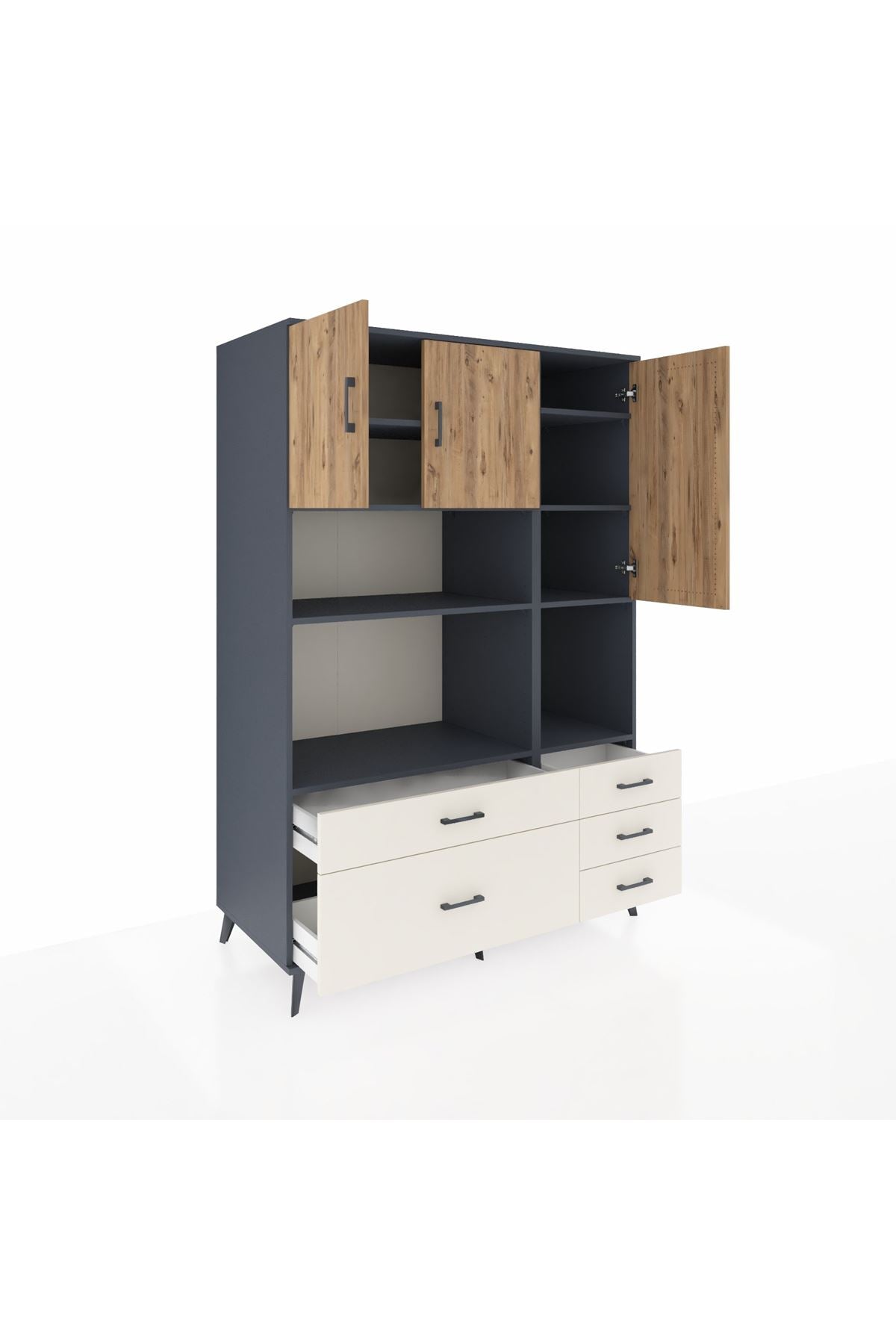 Kronos Dolap 8 Raflı 5 Çekmeceli 3 Kapaklı 132x59x195 Antrasit-Çam/Aytaşı