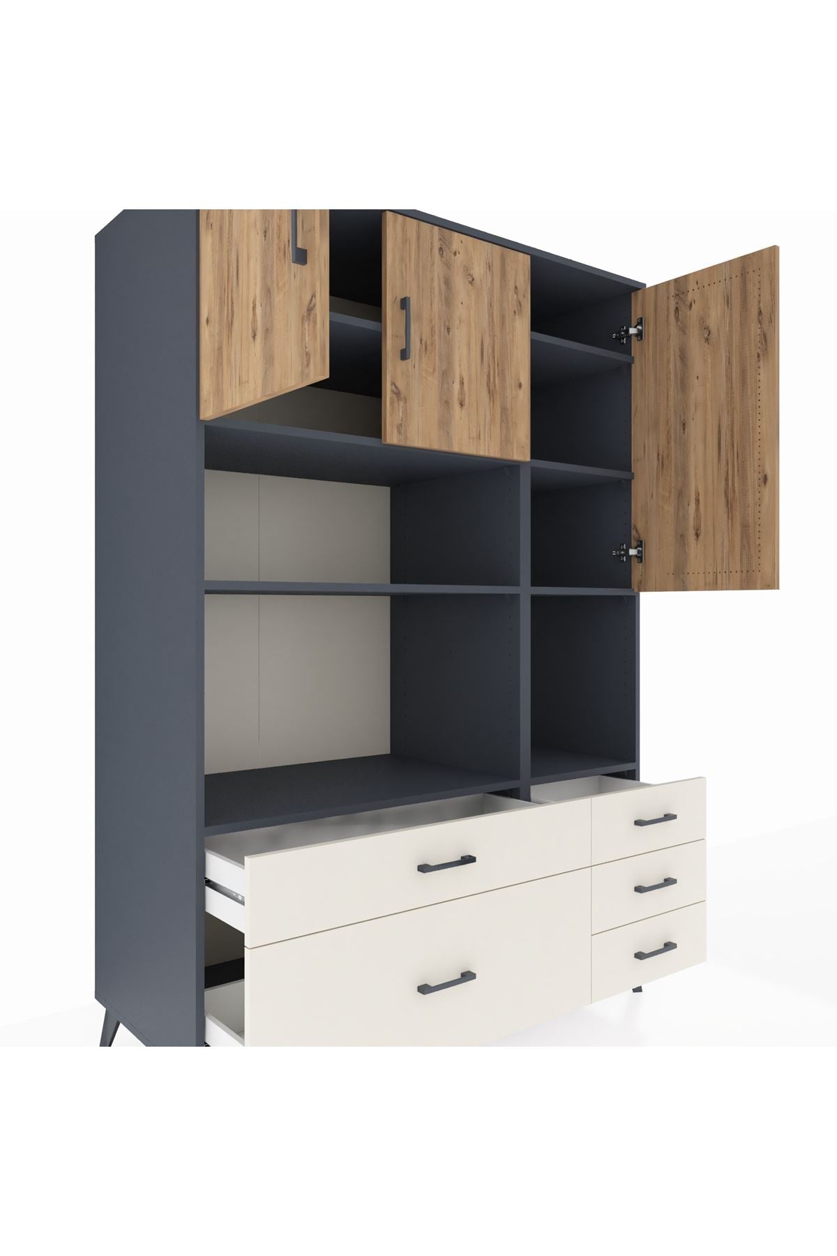 Kronos Dolap 8 Raflı 5 Çekmeceli 3 Kapaklı 132x59x195 Antrasit-Çam/Aytaşı