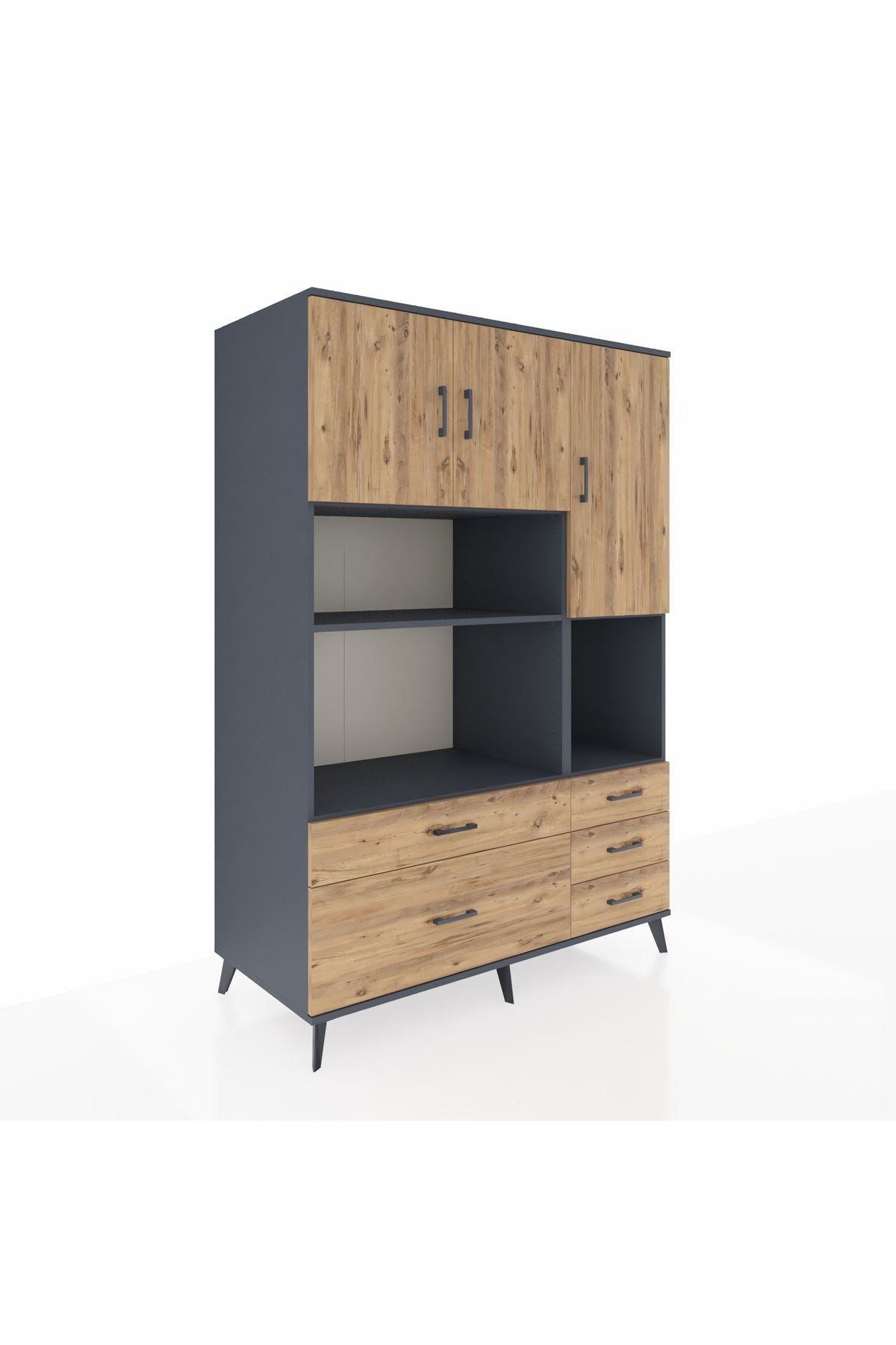 Kronos Dolap 8 Raflı 5 Çekmeceli 3 Kapaklı 132x59x195 Antrasit-Çam/Çam