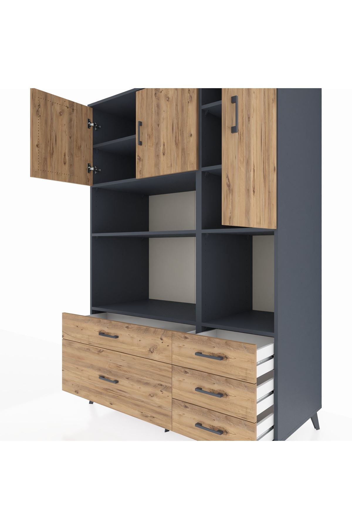 Kronos Dolap 8 Raflı 5 Çekmeceli 3 Kapaklı 132x59x195 Antrasit-Çam/Çam