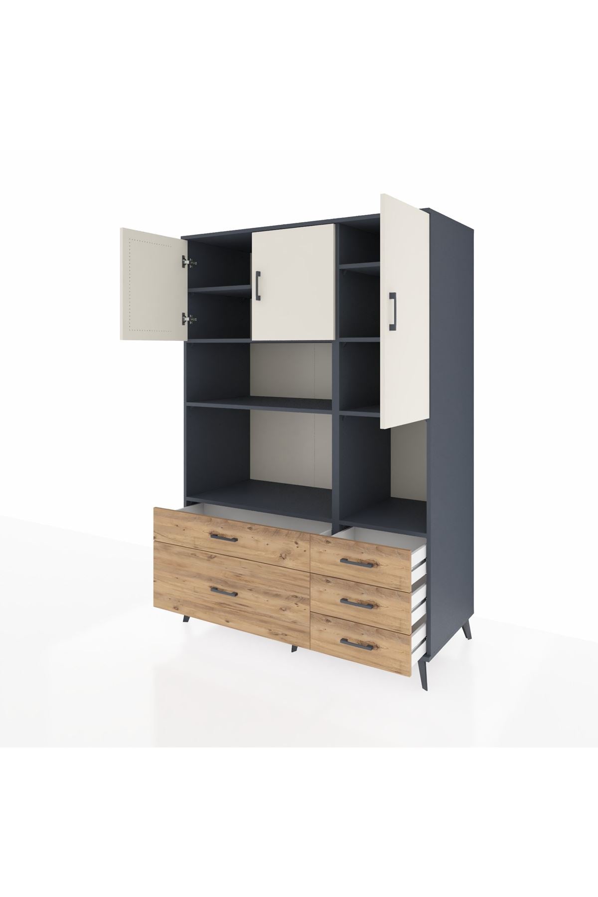 Kronos Dolap 8 Raflı 5 Çekmeceli 3 Kapaklı 132x59x195 Antrasit-Aytaşı/Çam