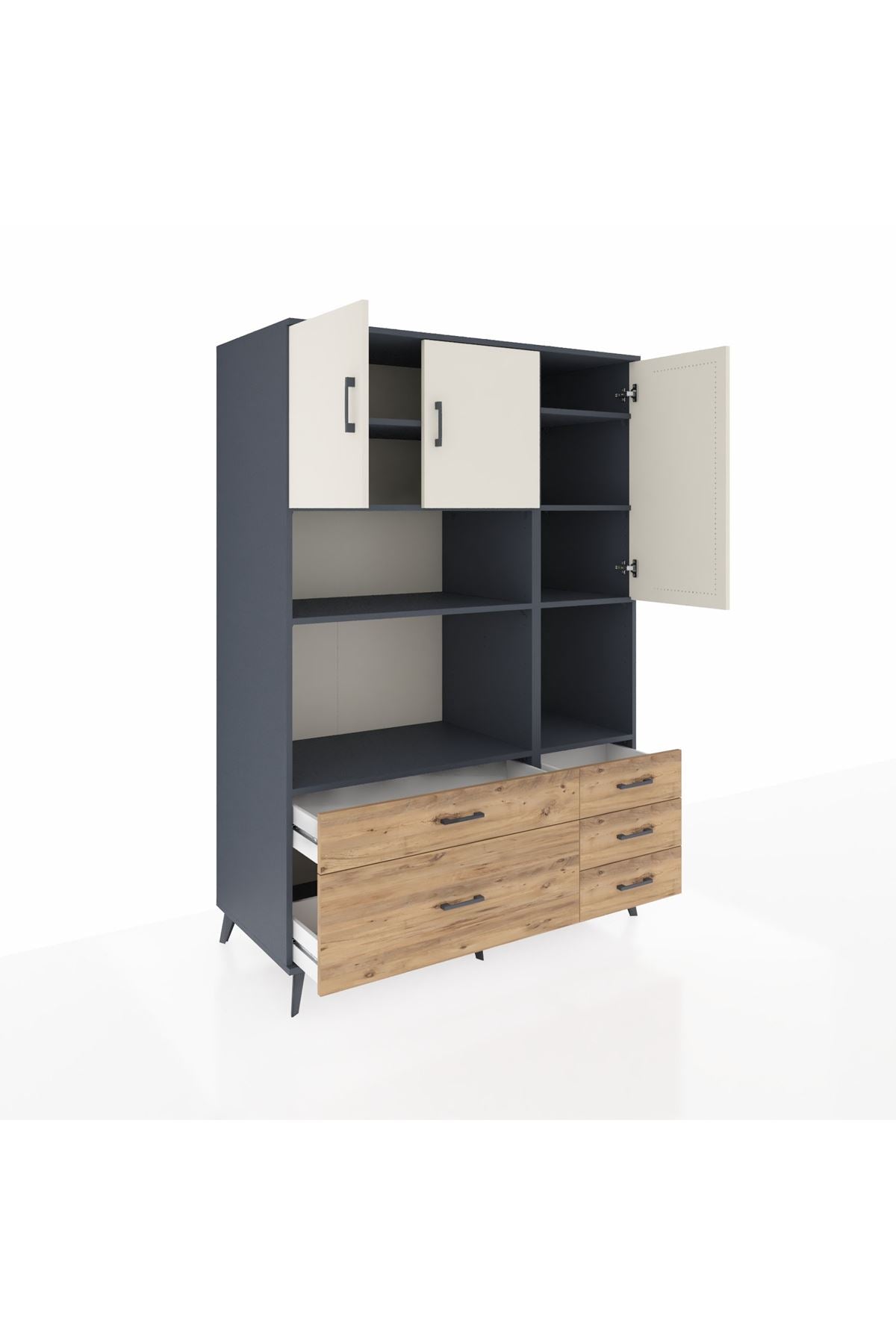 Kronos Dolap 8 Raflı 5 Çekmeceli 3 Kapaklı 132x59x195 Antrasit-Aytaşı/Çam