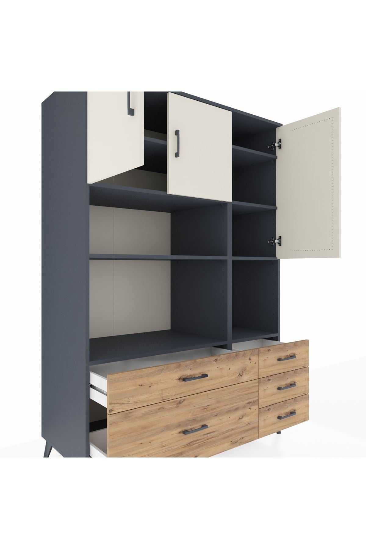 Kronos Dolap 8 Raflı 5 Çekmeceli 3 Kapaklı 132x59x195 Antrasit-Aytaşı/Çam