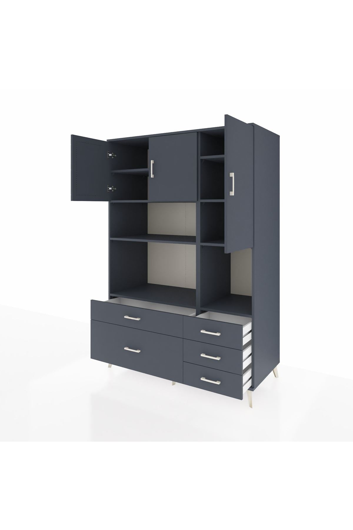 Kronos Dolap 8 Raflı 5 Çekmeceli 3 Kapaklı 132x59x195 Antrasit-Antrasit/Antrasit