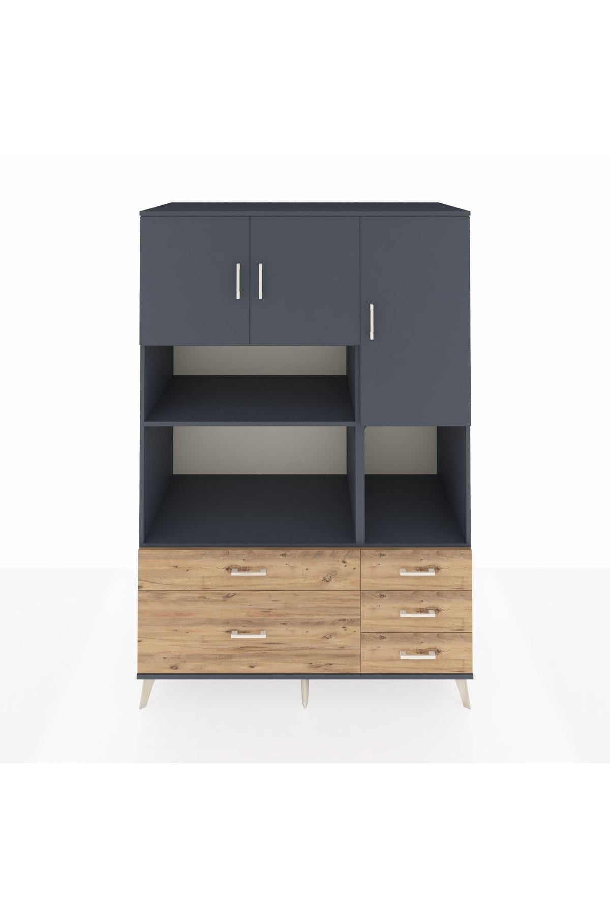 Kronos Dolap 8 Raflı 5 Çekmeceli 3 Kapaklı 132x59x195 Antrasit-Antrasit/Çam