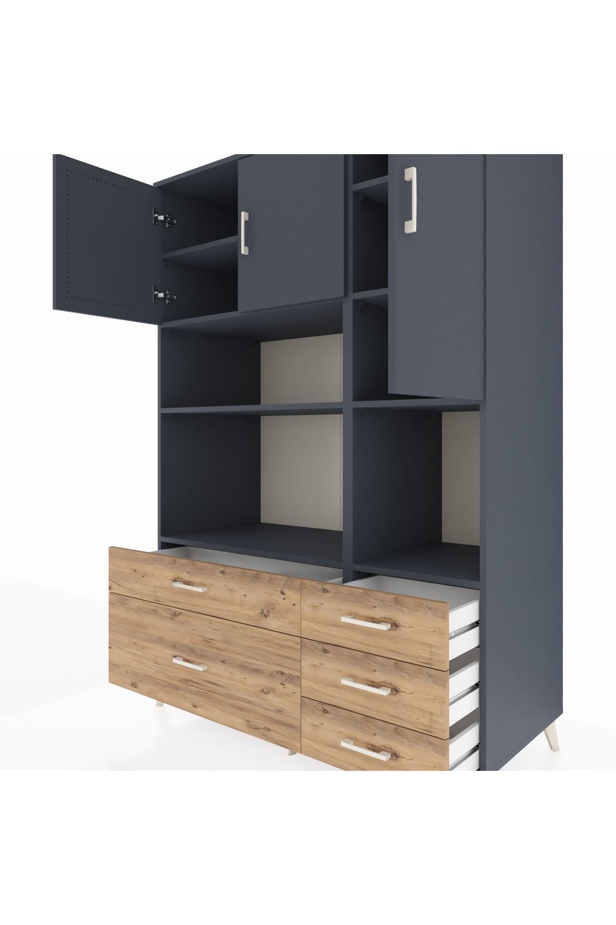 Kronos Dolap 8 Raflı 5 Çekmeceli 3 Kapaklı 132x59x195 Antrasit-Antrasit/Çam