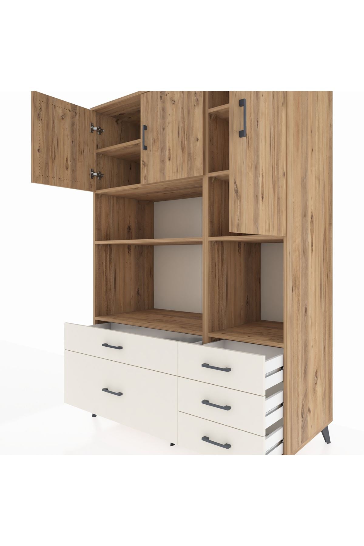 Kronos Dolap 8 Raflı 5 Çekmeceli 3 Kapaklı 132x59x195 Çam-Çam/Aytaşı