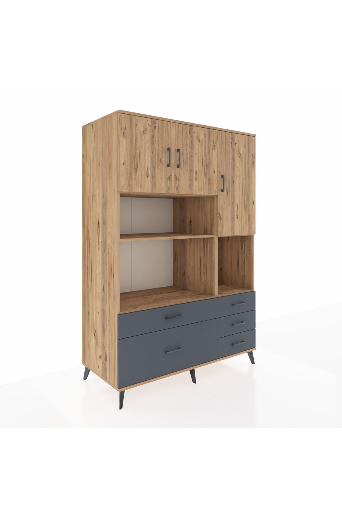 Kronos Dolap 8 Raflı 5 Çekmeceli 3 Kapaklı 132x59x195 Çam-Çam/Antrasit