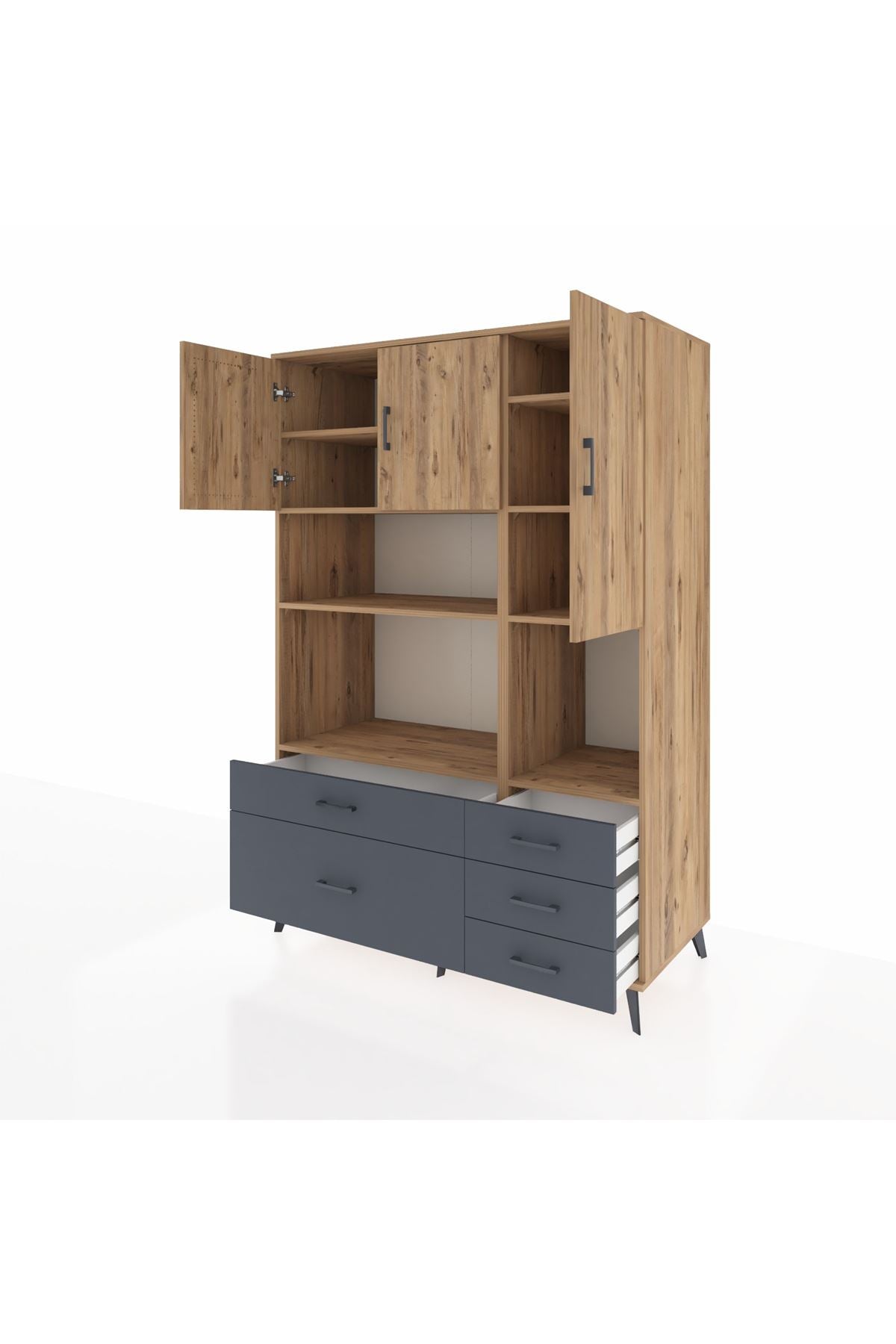 Kronos Dolap 8 Raflı 5 Çekmeceli 3 Kapaklı 132x59x195 Çam-Çam/Antrasit