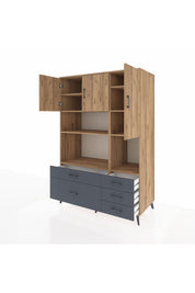 Kronos Dolap 8 Raflı 5 Çekmeceli 3 Kapaklı 132x59x195 Çam-Çam/Antrasit