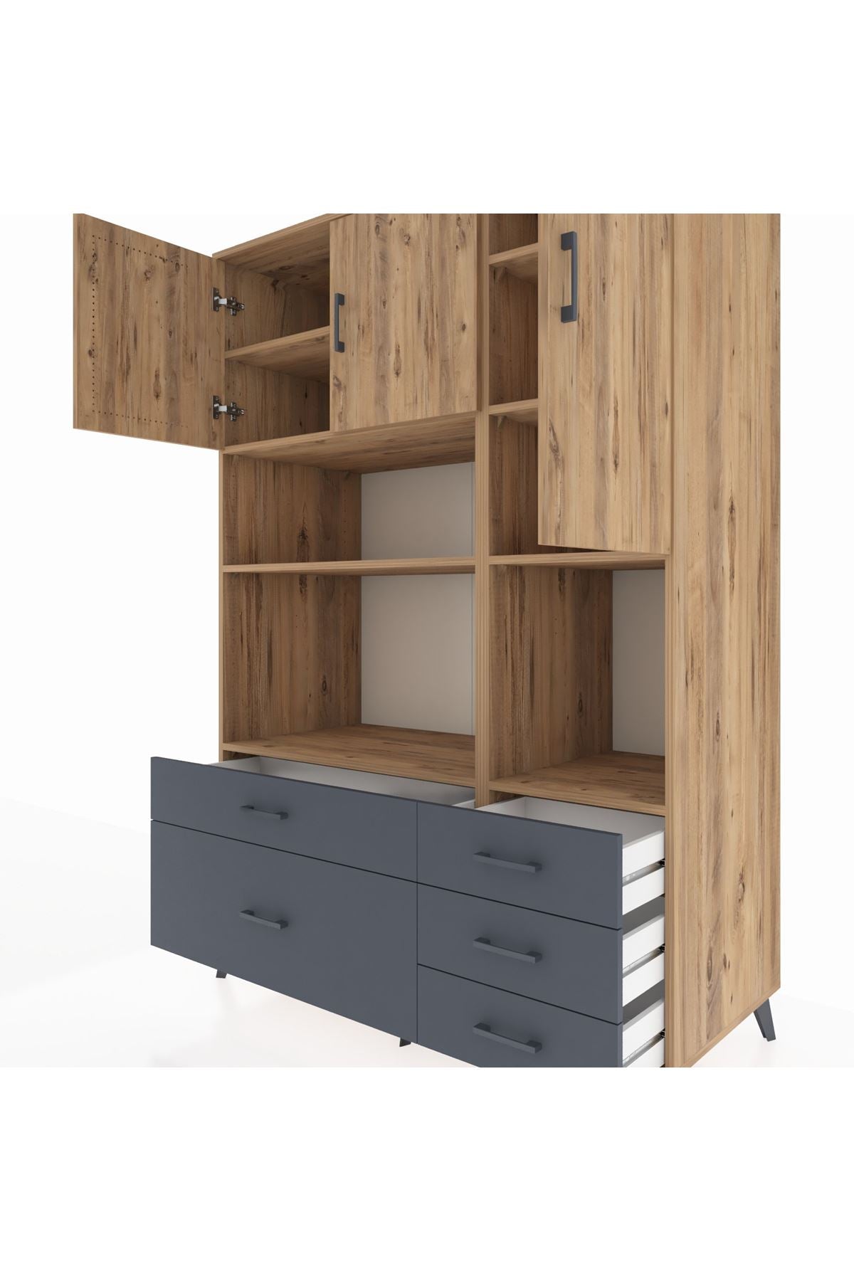 Kronos Dolap 8 Raflı 5 Çekmeceli 3 Kapaklı 132x59x195 Çam-Çam/Antrasit