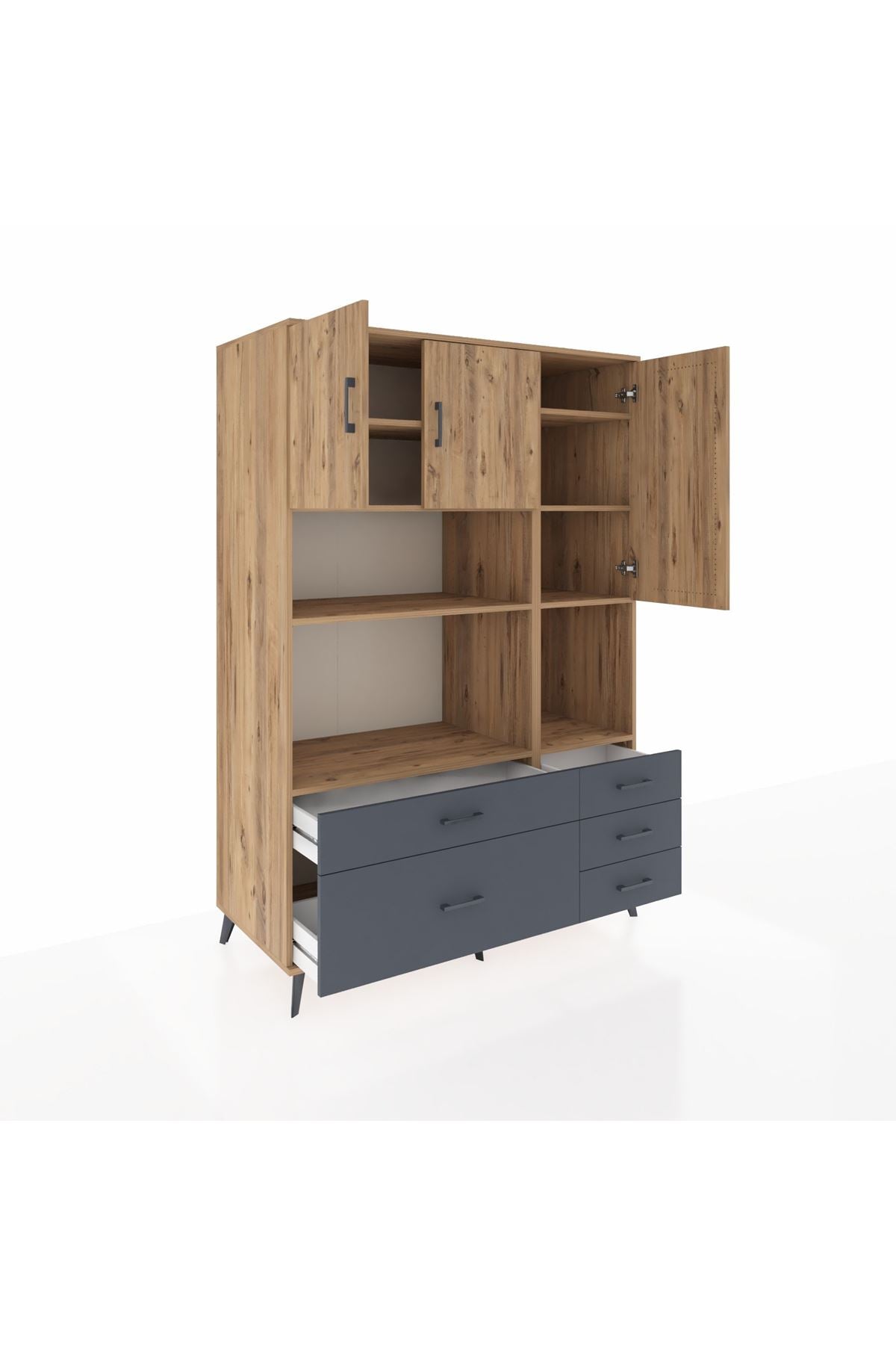 Kronos Dolap 8 Raflı 5 Çekmeceli 3 Kapaklı 132x59x195 Çam-Çam/Antrasit