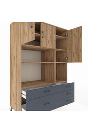 Kronos Dolap 8 Raflı 5 Çekmeceli 3 Kapaklı 132x59x195 Çam-Çam/Antrasit