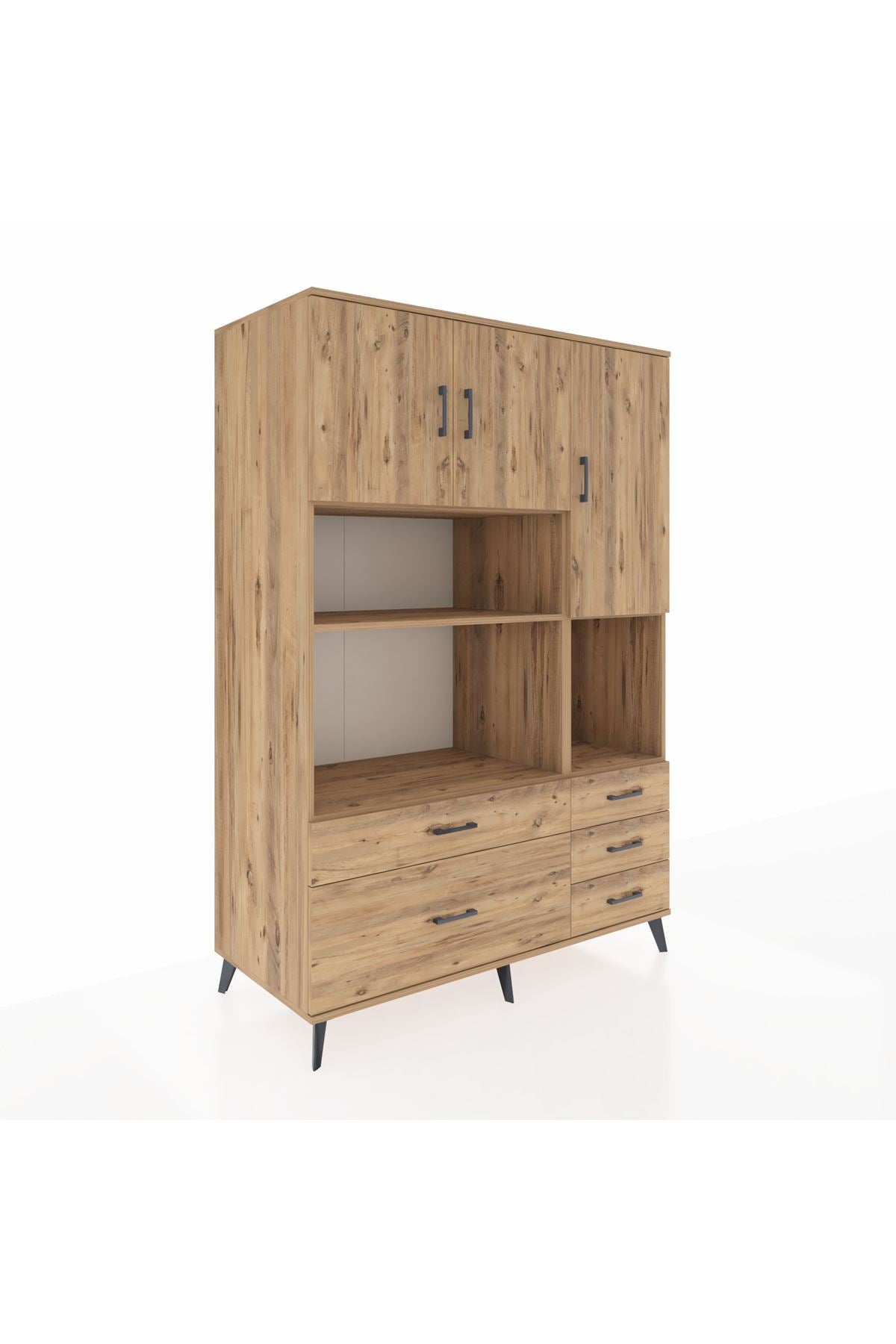 Kronos Dolap 8 Raflı 5 Çekmeceli 3 Kapaklı 132x59x195 Çam-Çam/Çam