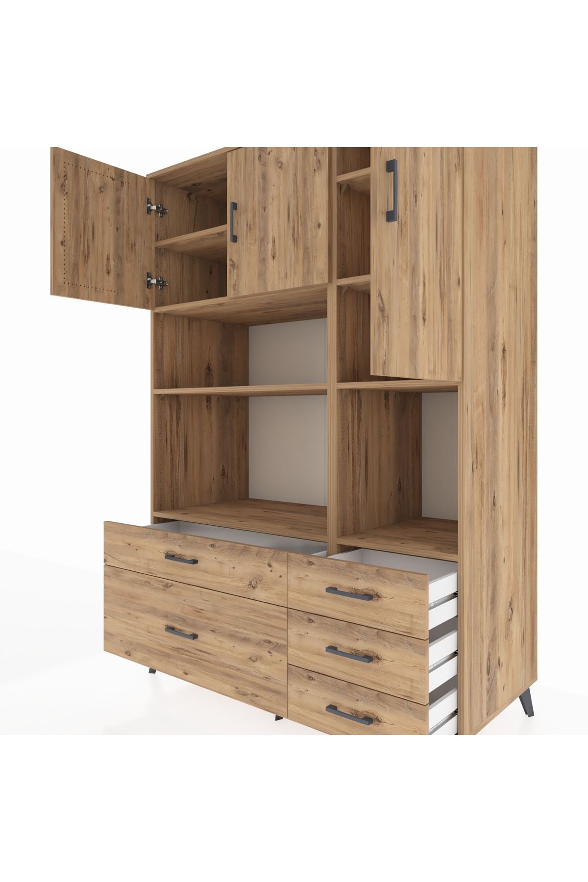 Kronos Dolap 8 Raflı 5 Çekmeceli 3 Kapaklı 132x59x195 Çam-Çam/Çam