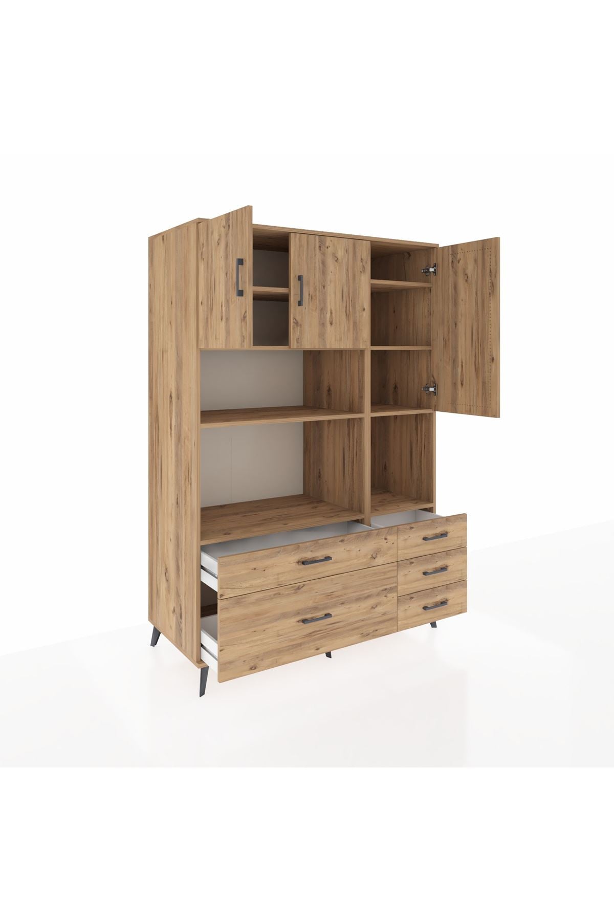 Kronos Dolap 8 Raflı 5 Çekmeceli 3 Kapaklı 132x59x195 Çam-Çam/Çam