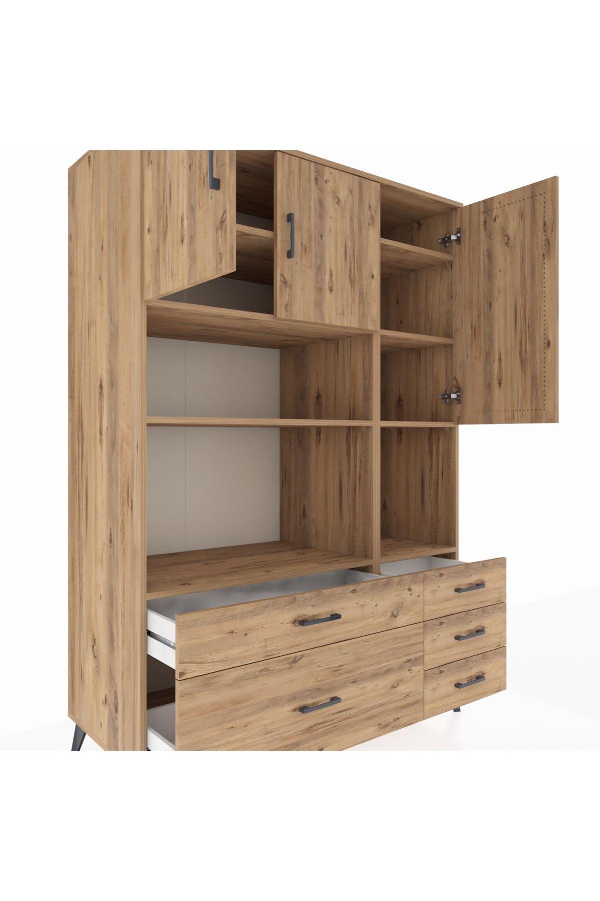 Kronos Dolap 8 Raflı 5 Çekmeceli 3 Kapaklı 132x59x195 Çam-Çam/Çam