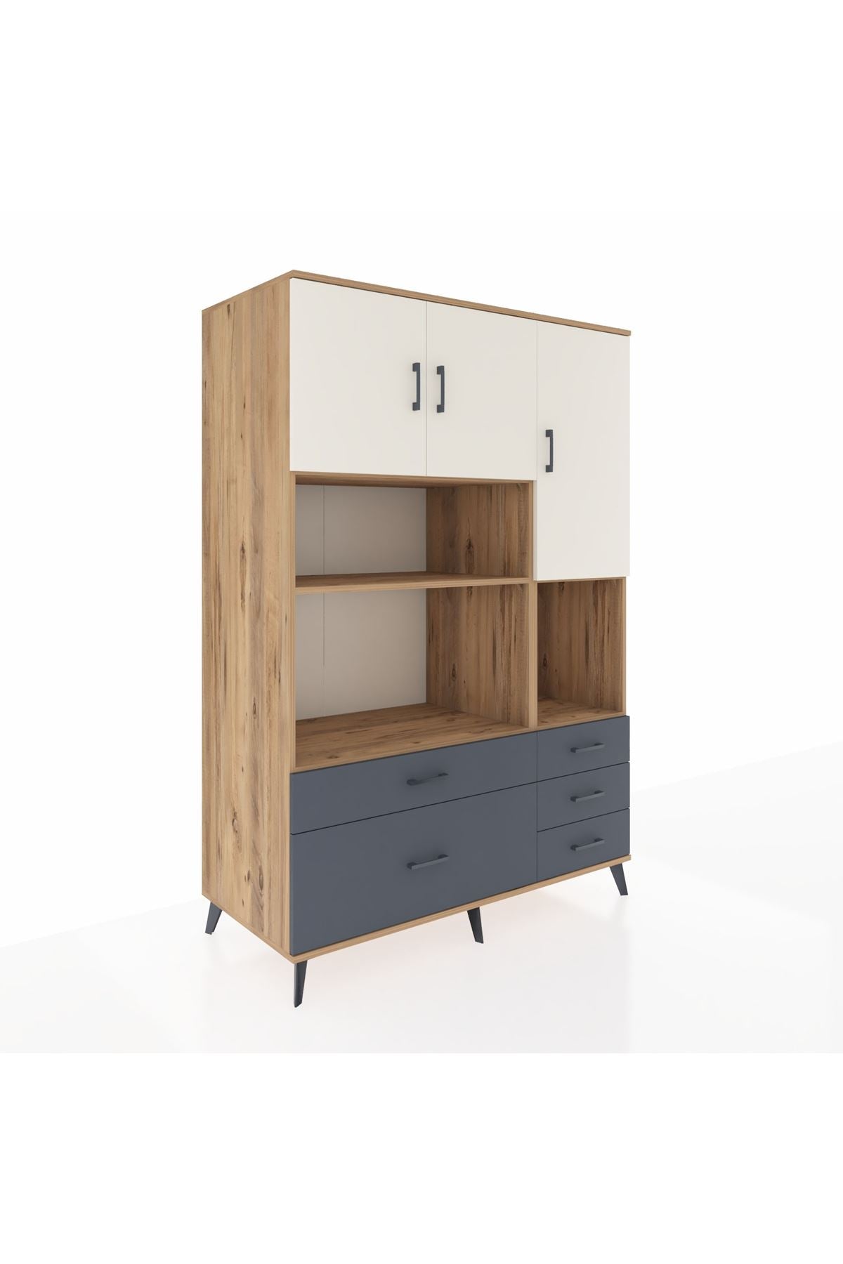 Kronos Dolap 8 Raflı 5 Çekmeceli 3 Kapaklı 132x59x195 Çam-Aytaşı/Antrasit