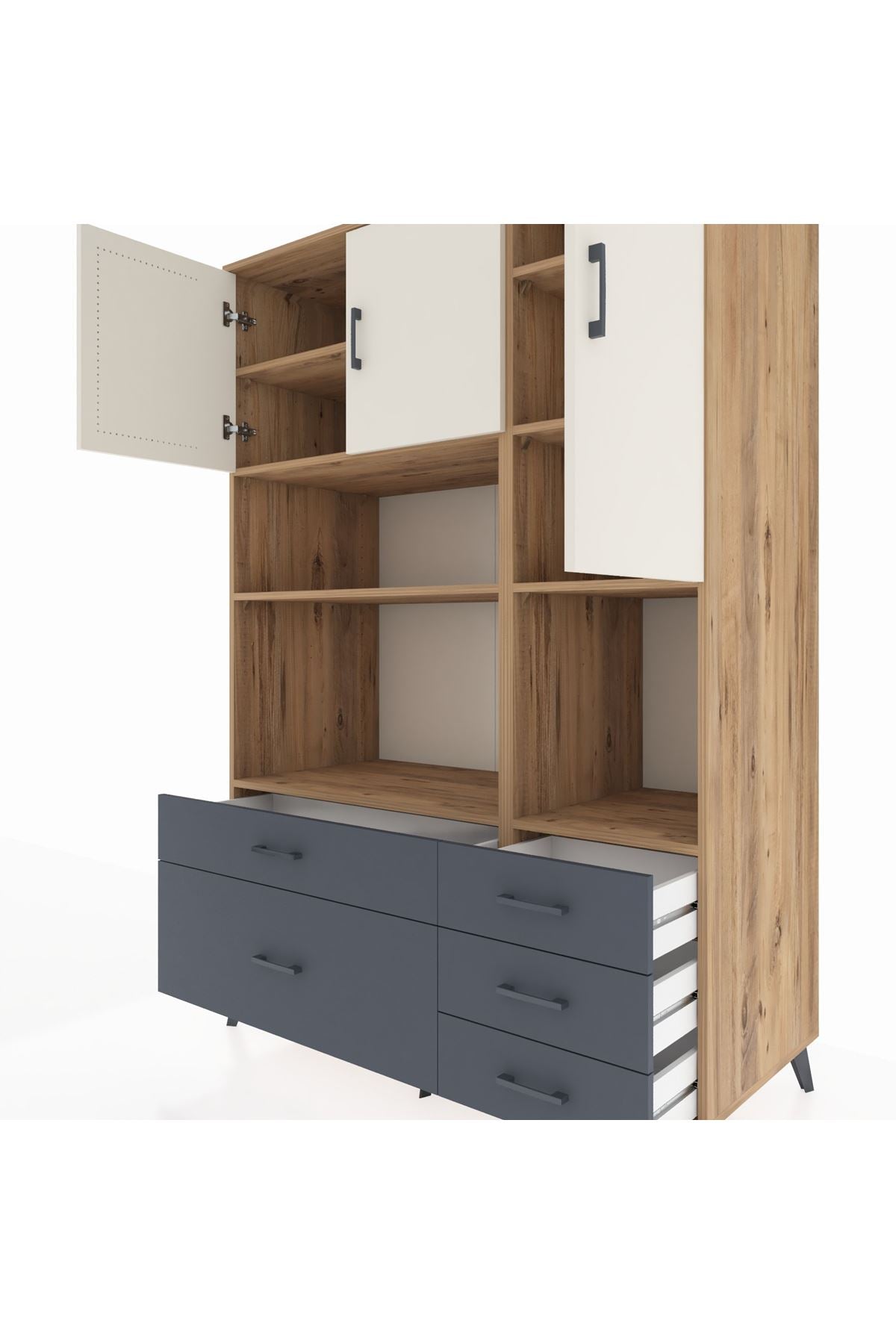 Kronos Dolap 8 Raflı 5 Çekmeceli 3 Kapaklı 132x59x195 Çam-Aytaşı/Antrasit