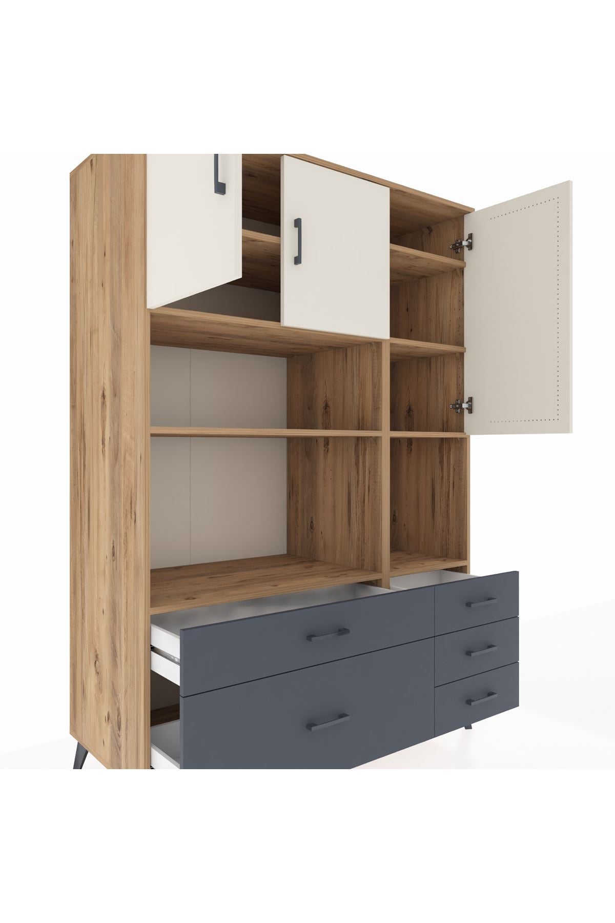 Kronos Dolap 8 Raflı 5 Çekmeceli 3 Kapaklı 132x59x195 Çam-Aytaşı/Antrasit