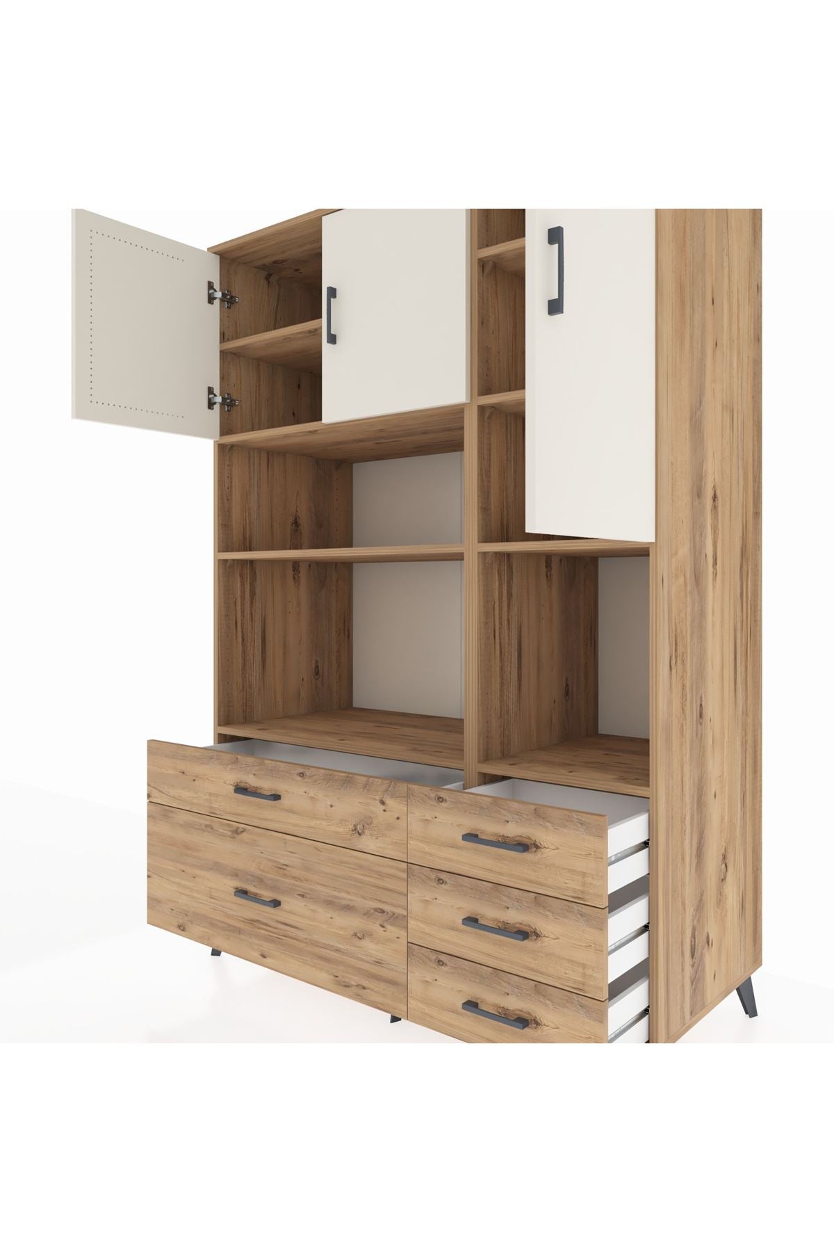 Kronos Dolap 8 Raflı 5 Çekmeceli 3 Kapaklı 132x59x195 Çam-Aytaşı/Çam