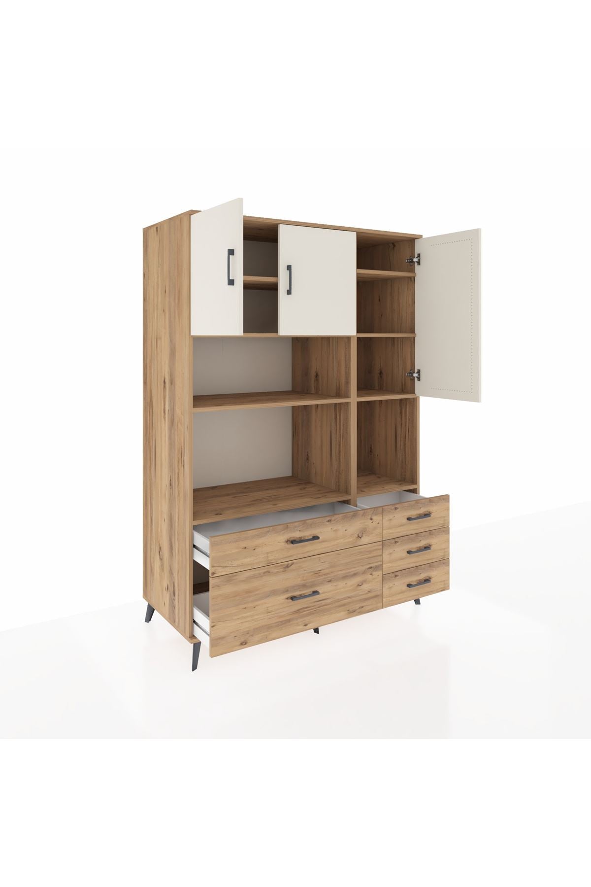 Kronos Dolap 8 Raflı 5 Çekmeceli 3 Kapaklı 132x59x195 Çam-Aytaşı/Çam