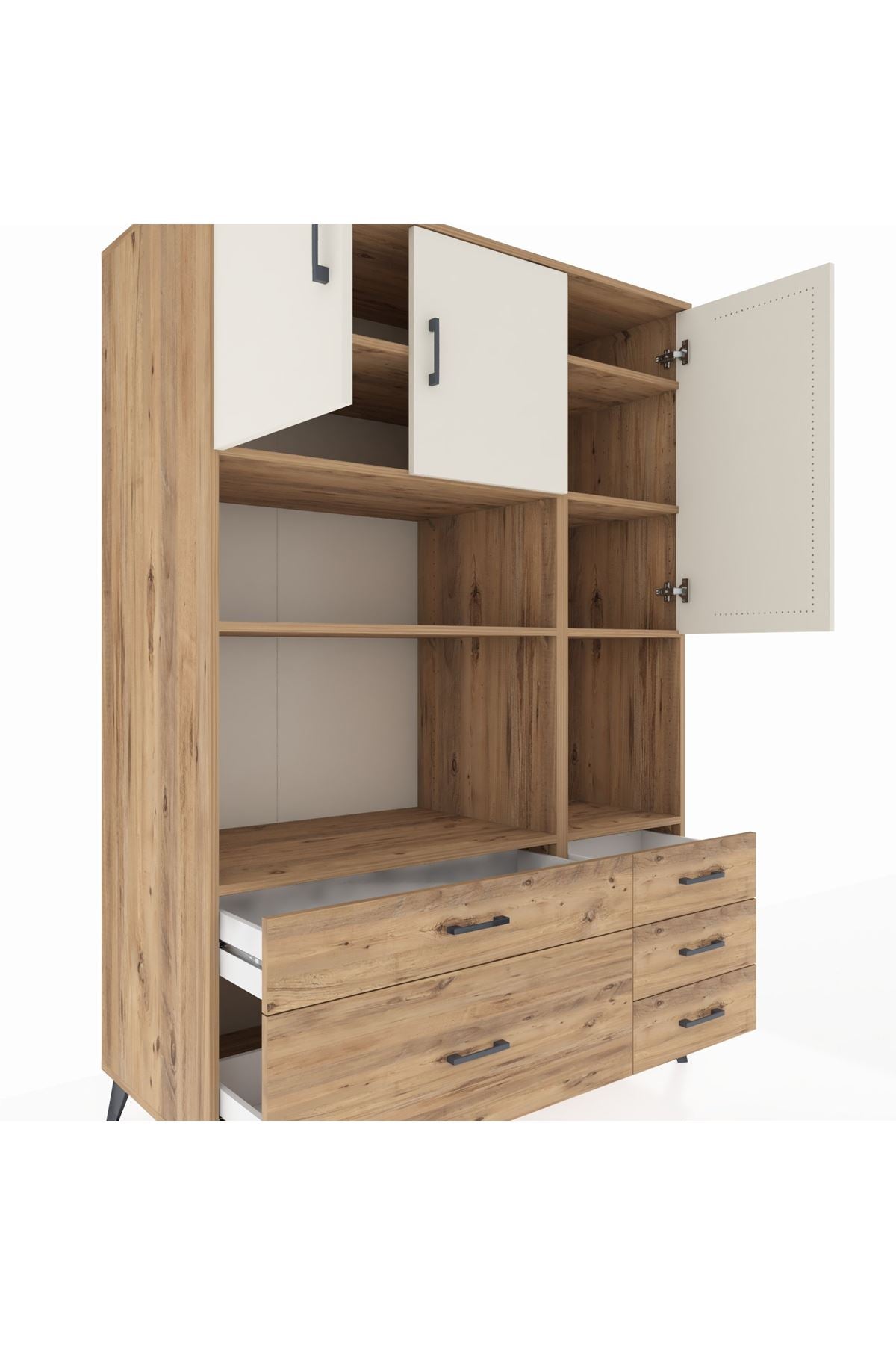 Kronos Dolap 8 Raflı 5 Çekmeceli 3 Kapaklı 132x59x195 Çam-Aytaşı/Çam