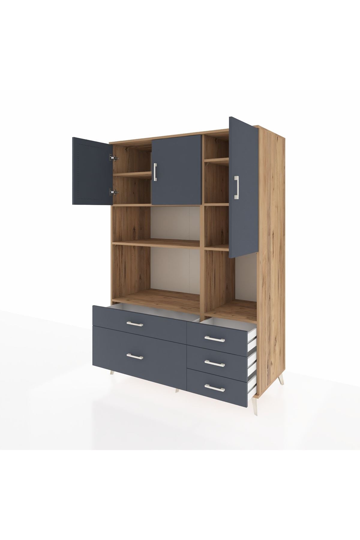 Kronos Dolap 8 Raflı 5 Çekmeceli 3 Kapaklı 132x59x195 Çam-Antrasit/Antrasit