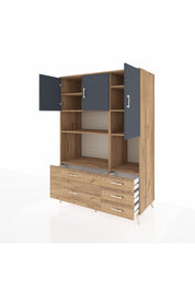 Kronos Dolap 8 Raflı 5 Çekmeceli 3 Kapaklı 132x59x195 Çam-Antrasit/Çam