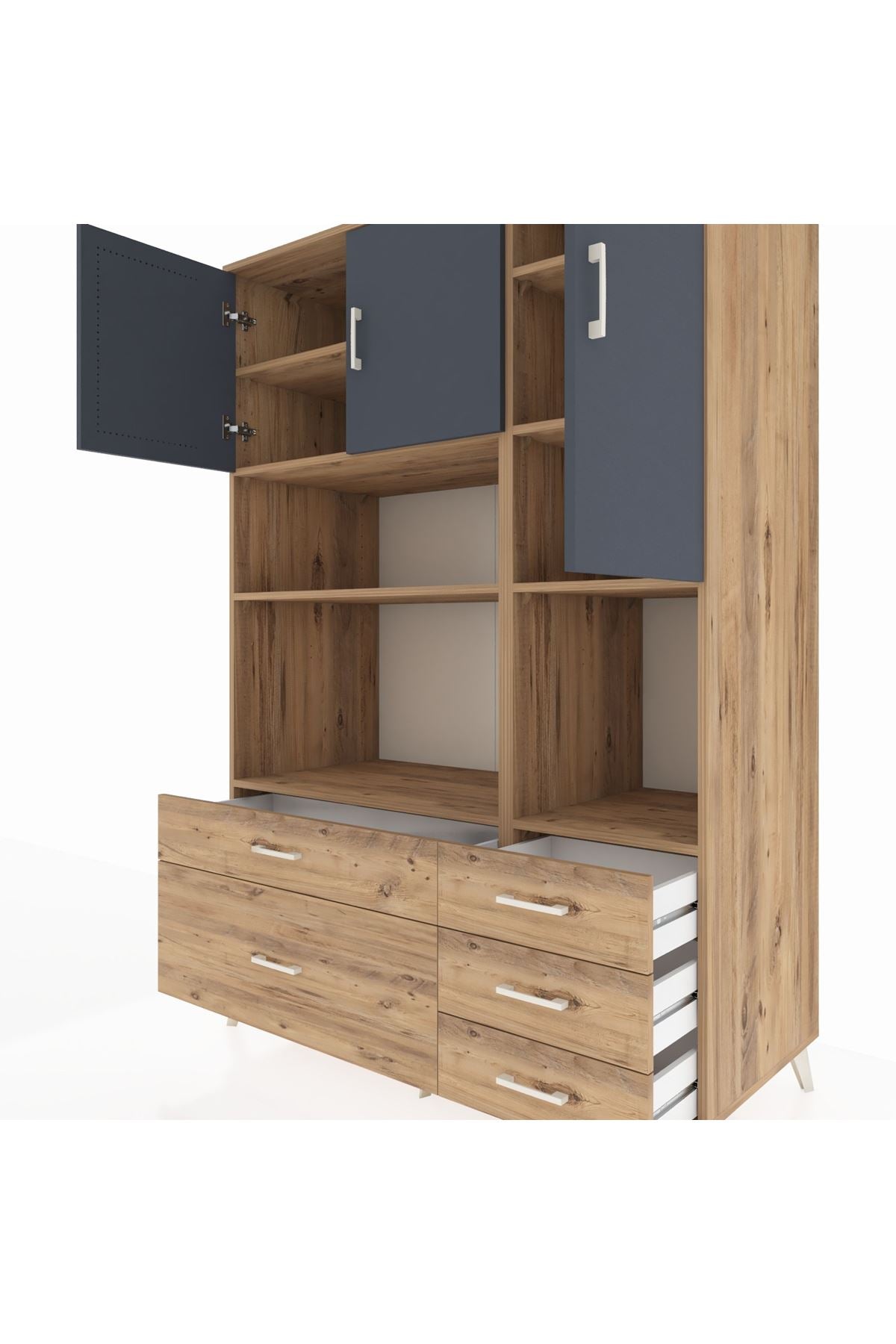 Kronos Dolap 8 Raflı 5 Çekmeceli 3 Kapaklı 132x59x195 Çam-Antrasit/Çam