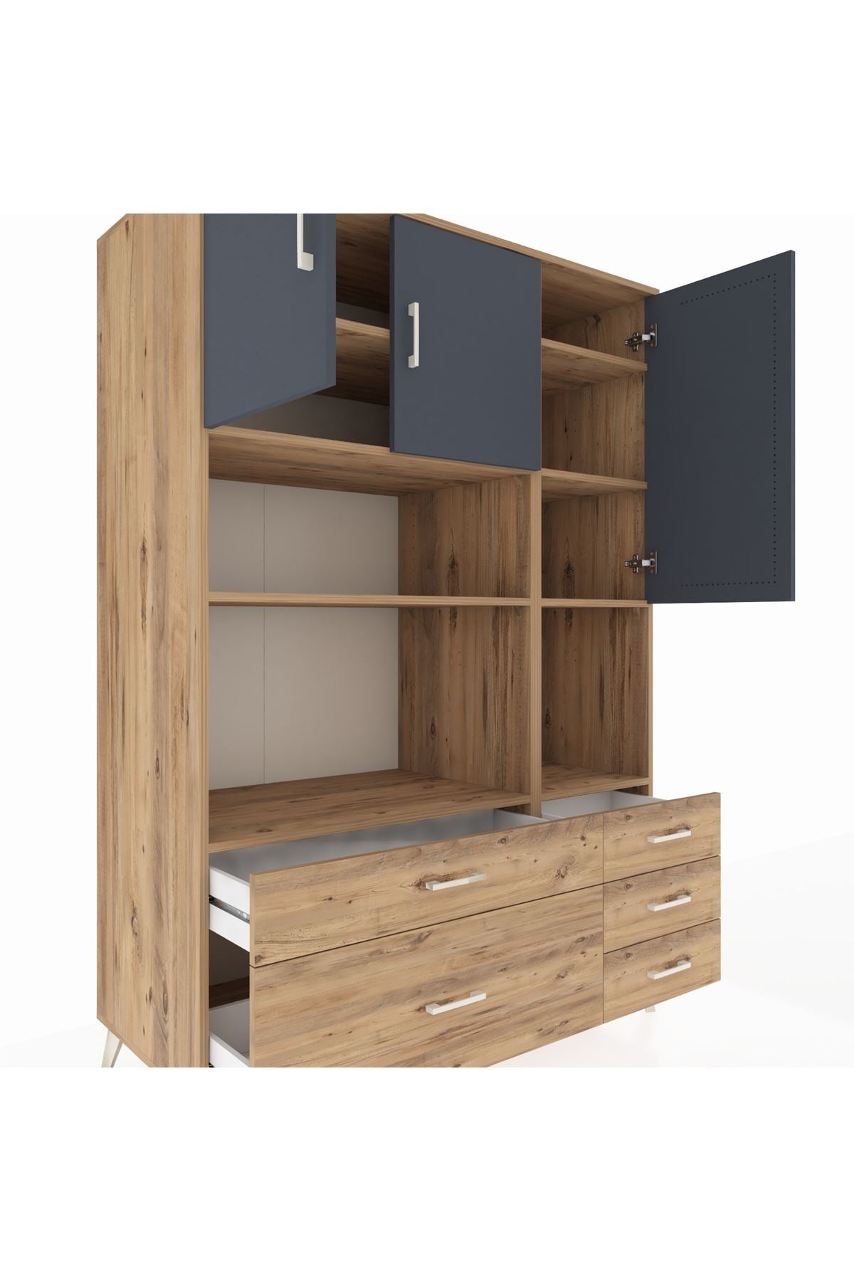 Kronos Dolap 8 Raflı 5 Çekmeceli 3 Kapaklı 132x59x195 Çam-Antrasit/Çam