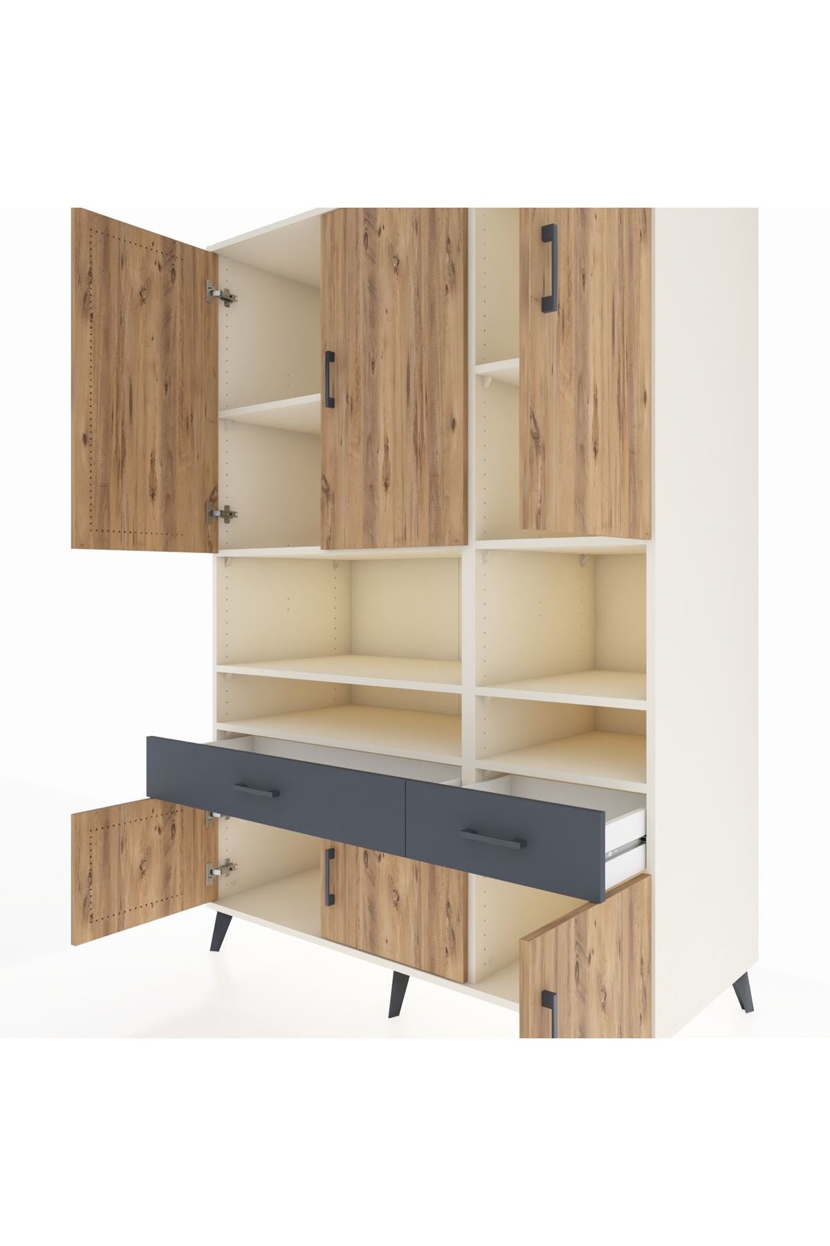 Kronos Dolap 8 Raflı 2 Çekmeceli 6 Kapaklı 132x59x195 Aytaşı-Çam/Antrasit