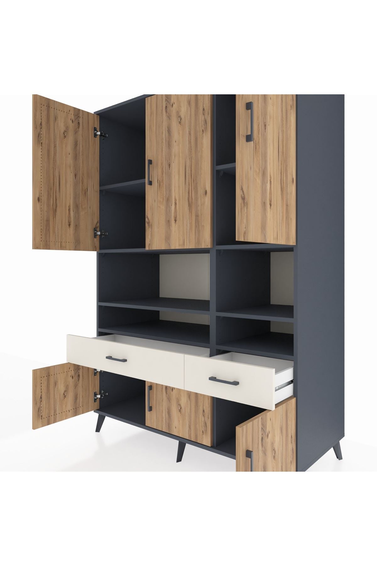 Kronos Dolap 8 Raflı 2 Çekmeceli 6 Kapaklı 132x59x195 Antrasit-Çam/Aytaşı