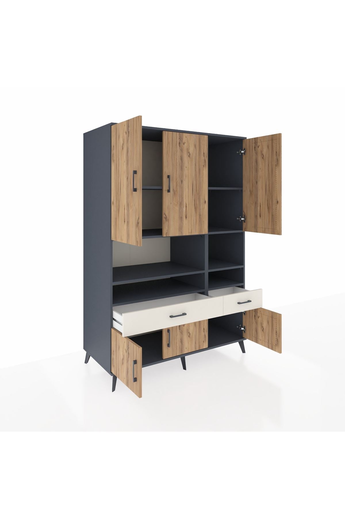 Kronos Dolap 8 Raflı 2 Çekmeceli 6 Kapaklı 132x59x195 Antrasit-Çam/Aytaşı