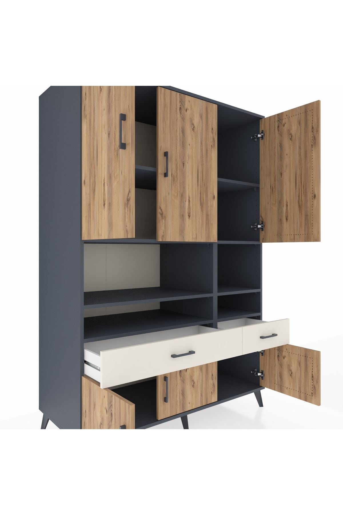 Kronos Dolap 8 Raflı 2 Çekmeceli 6 Kapaklı 132x59x195 Antrasit-Çam/Aytaşı