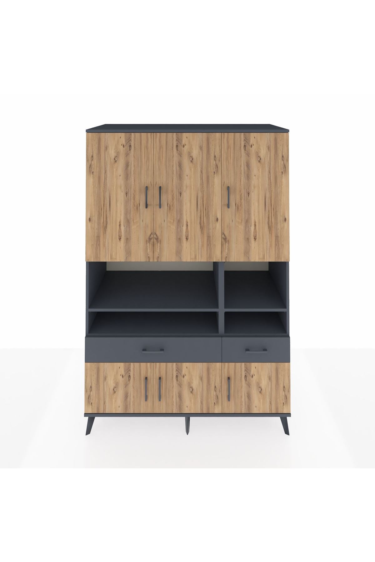 Kronos Dolap 8 Raflı 2 Çekmeceli 6 Kapaklı 132x59x195 Antrasit-Çam/Antrasit