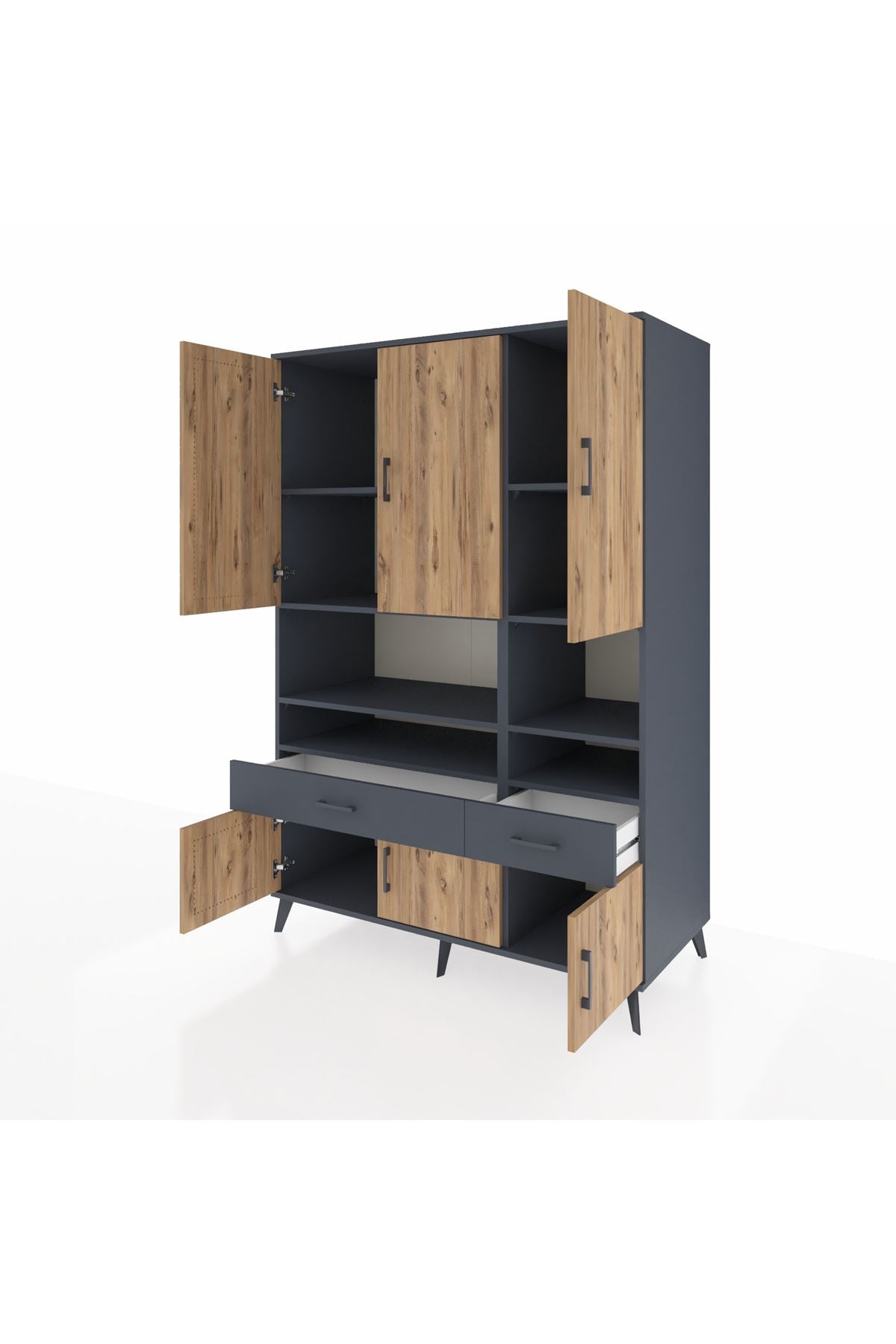 Kronos Dolap 8 Raflı 2 Çekmeceli 6 Kapaklı 132x59x195 Antrasit-Çam/Antrasit