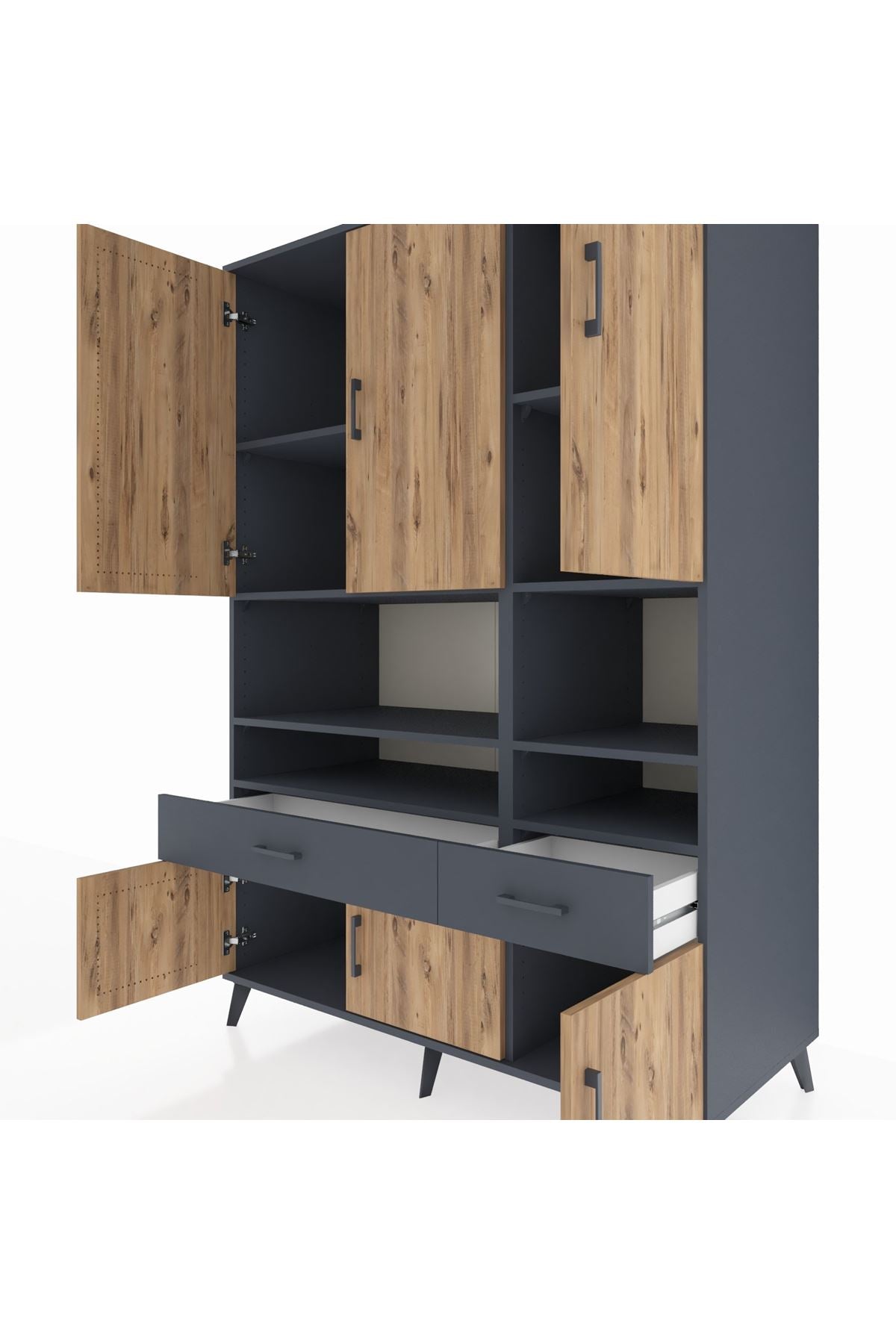 Kronos Dolap 8 Raflı 2 Çekmeceli 6 Kapaklı 132x59x195 Antrasit-Çam/Antrasit