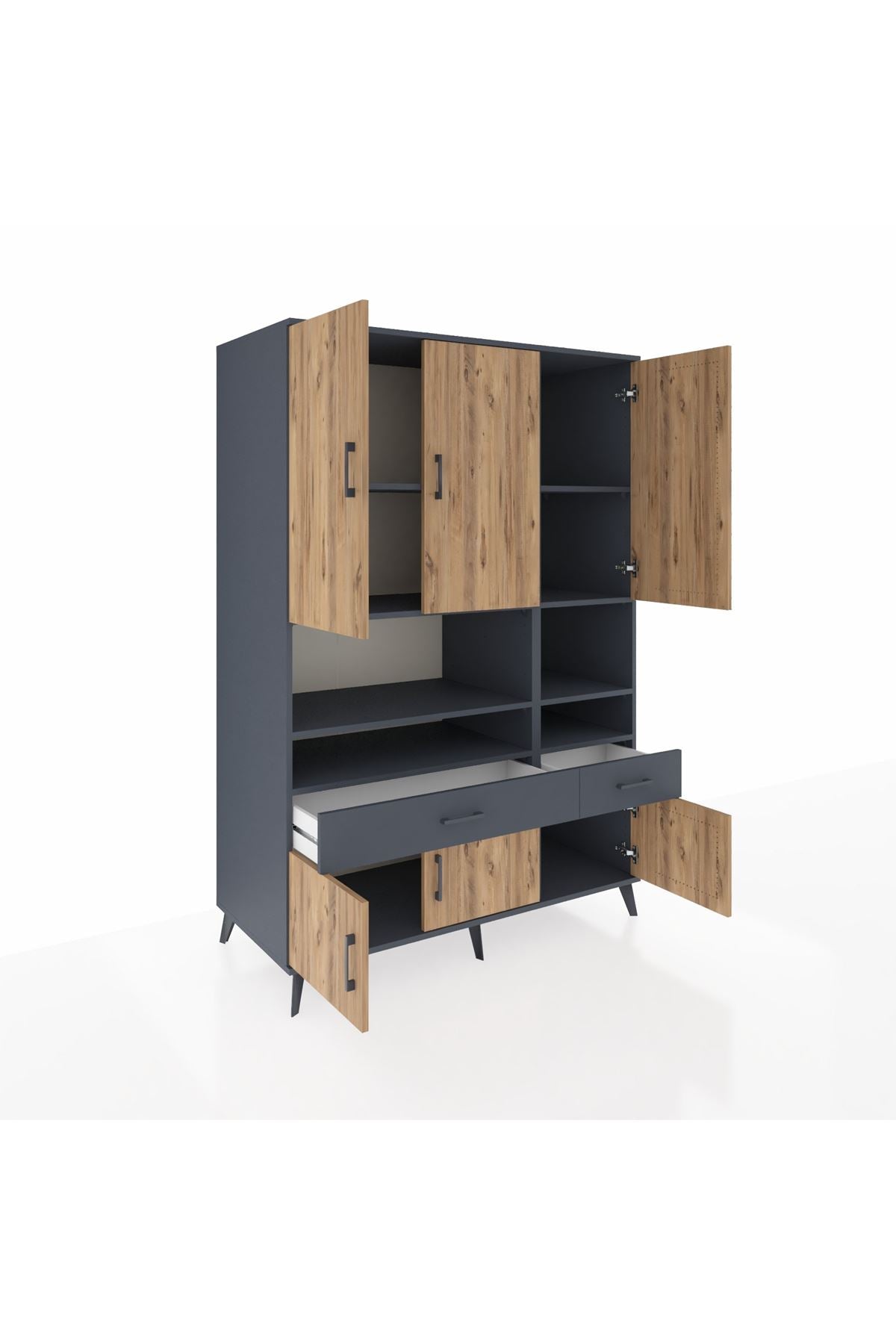 Kronos Dolap 8 Raflı 2 Çekmeceli 6 Kapaklı 132x59x195 Antrasit-Çam/Antrasit