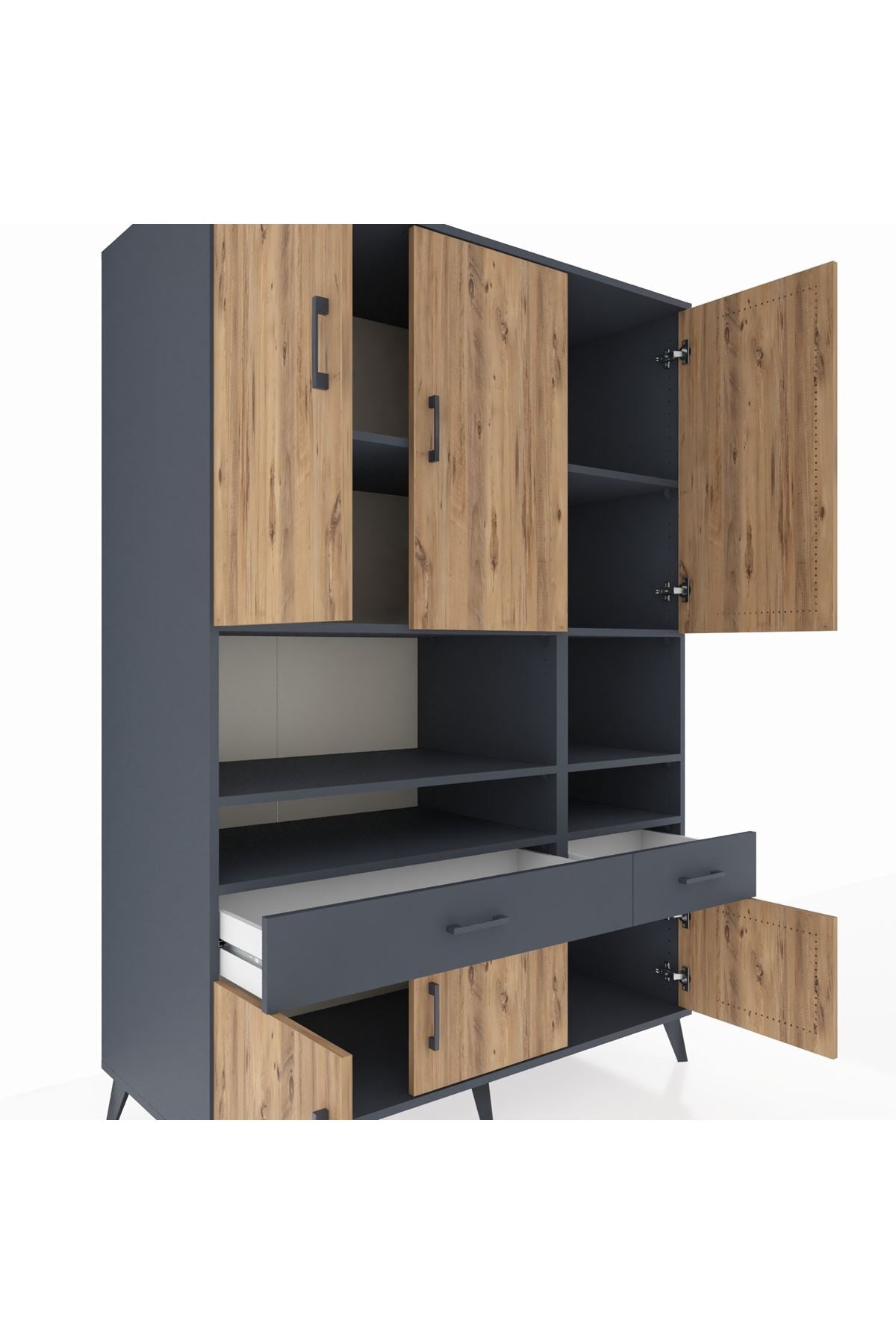 Kronos Dolap 8 Raflı 2 Çekmeceli 6 Kapaklı 132x59x195 Antrasit-Çam/Antrasit