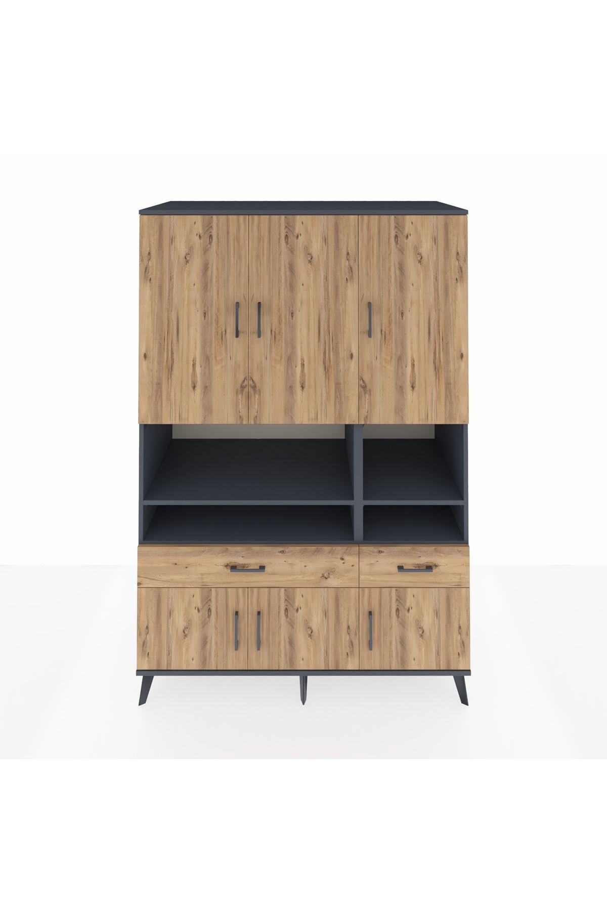 Kronos Dolap 8 Raflı 2 Çekmeceli 6 Kapaklı 132x59x195 Antrasit-Çam/Çam