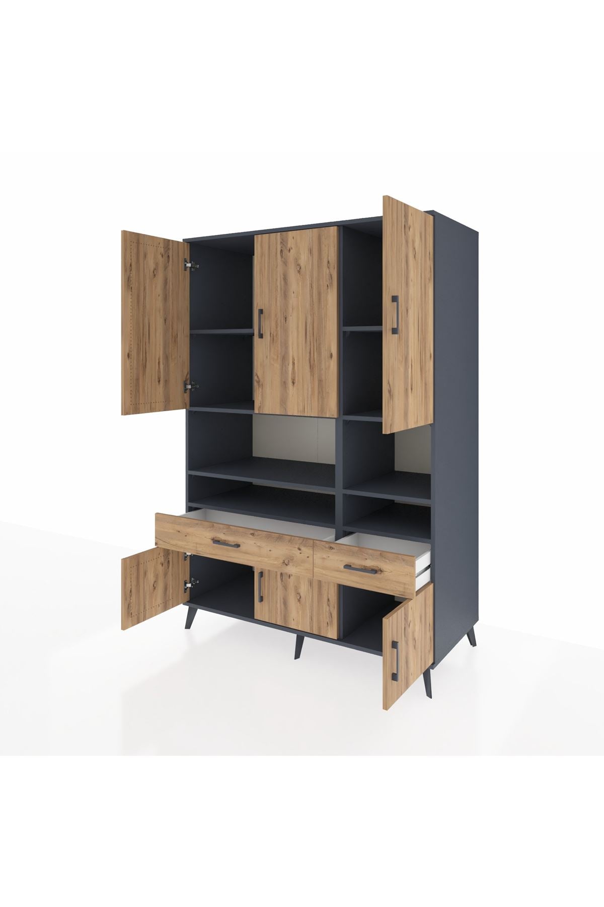 Kronos Dolap 8 Raflı 2 Çekmeceli 6 Kapaklı 132x59x195 Antrasit-Çam/Çam