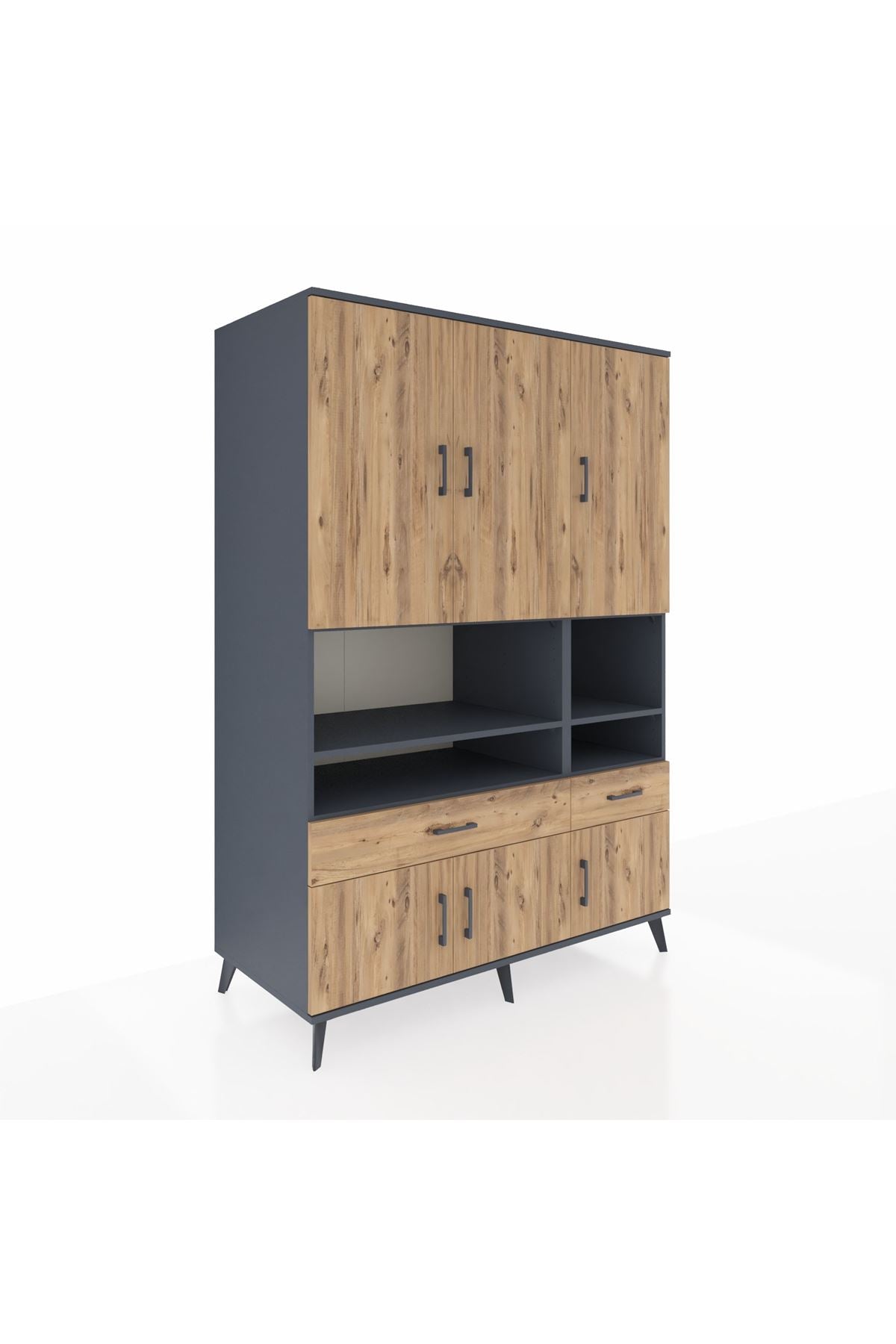 Kronos Dolap 8 Raflı 2 Çekmeceli 6 Kapaklı 132x59x195 Antrasit-Çam/Çam