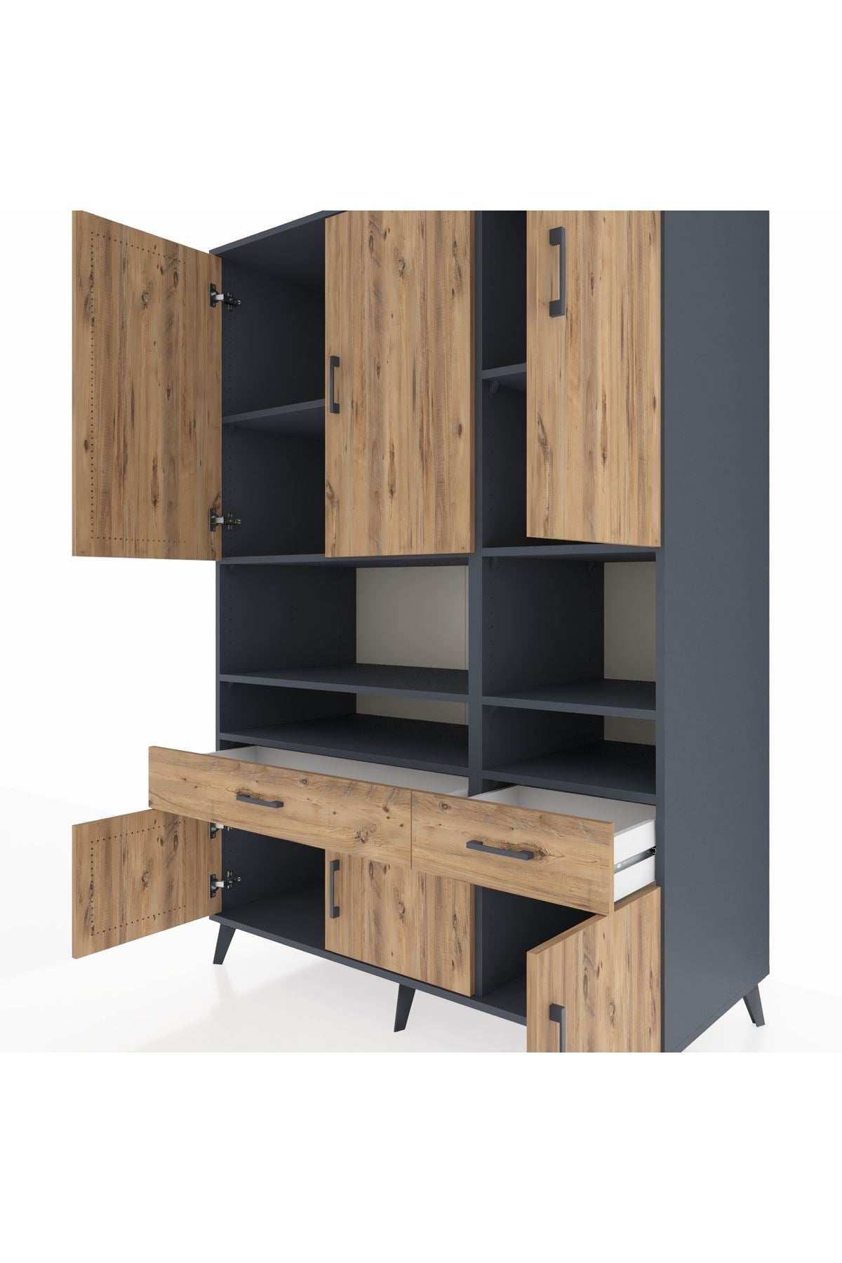 Kronos Dolap 8 Raflı 2 Çekmeceli 6 Kapaklı 132x59x195 Antrasit-Çam/Çam